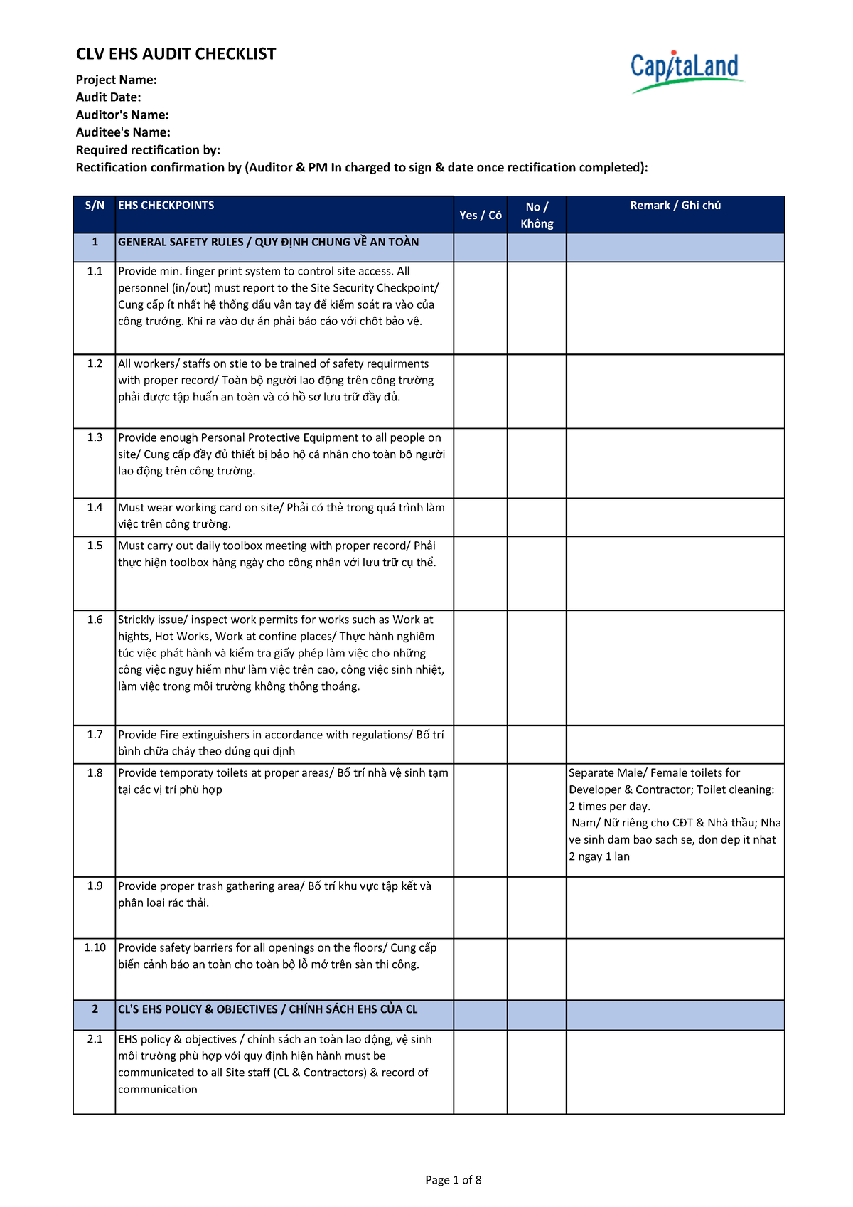 CLV EHS Audit Checklist - Project Name: Audit Date: Auditor's Name ...