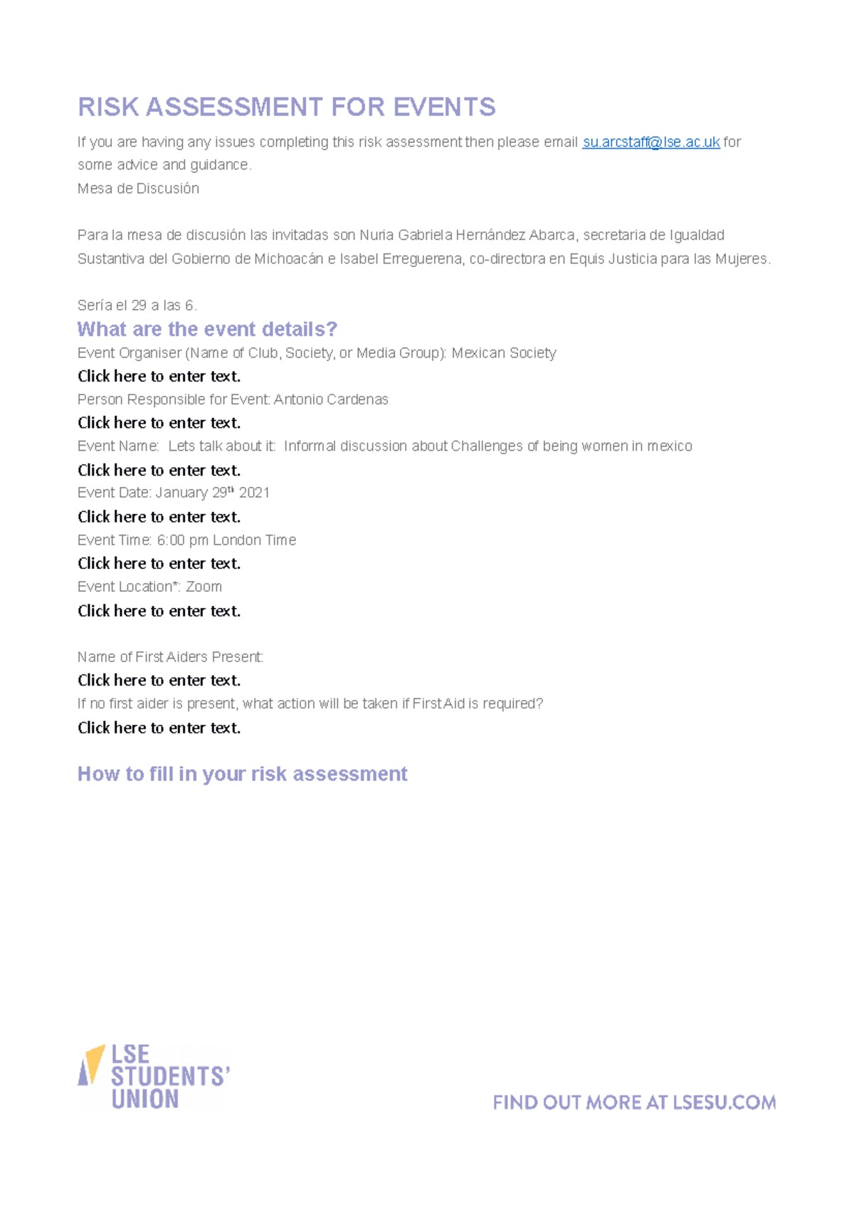 RISK Assessment FOR Events - RISK ASSESSMENT FOR EVENTS If you are ...