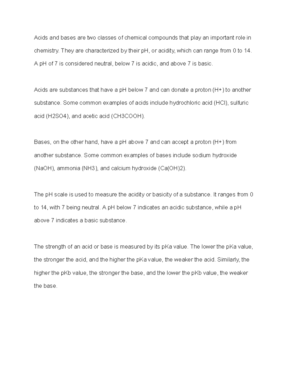 Answer key for a chemistry class about acids and bases Acids and