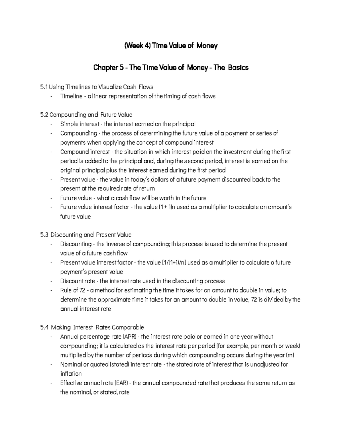 (Week 4) Time Value of Money (Week 4 ) Time Value of Money Chapter 5