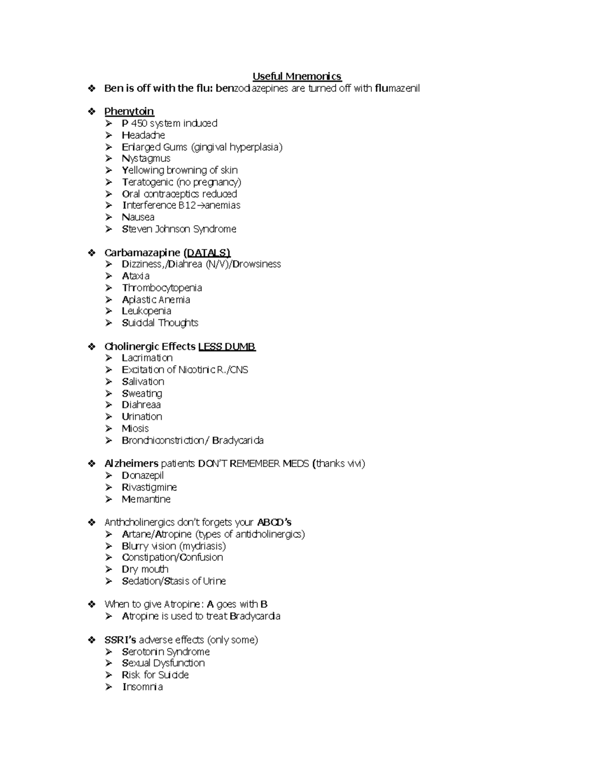 pharmacology for the list of Mnemonics - Useful Mnemonics Ben is off ...