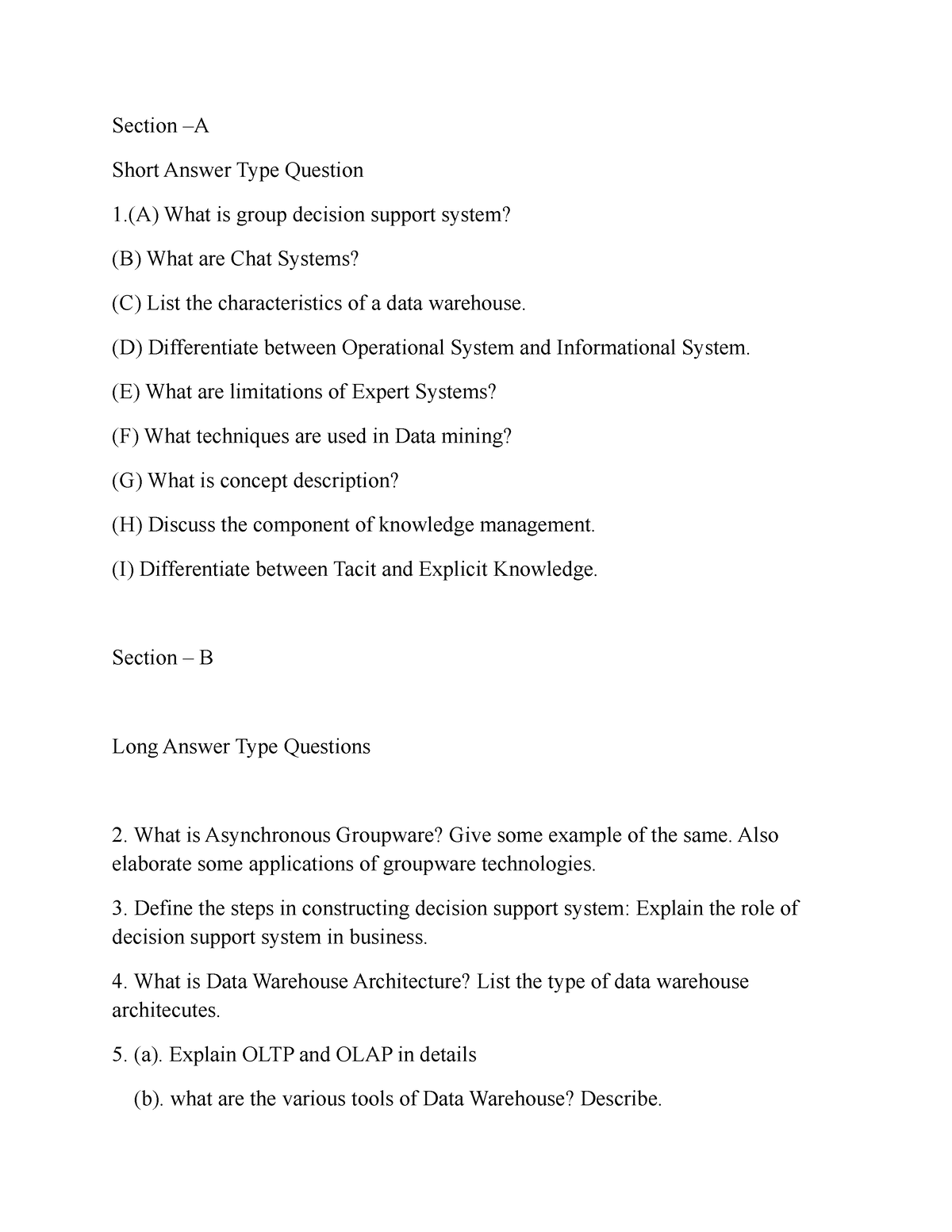 Knowledge Management 2020 Section A Short Answer Type Question 1 A 