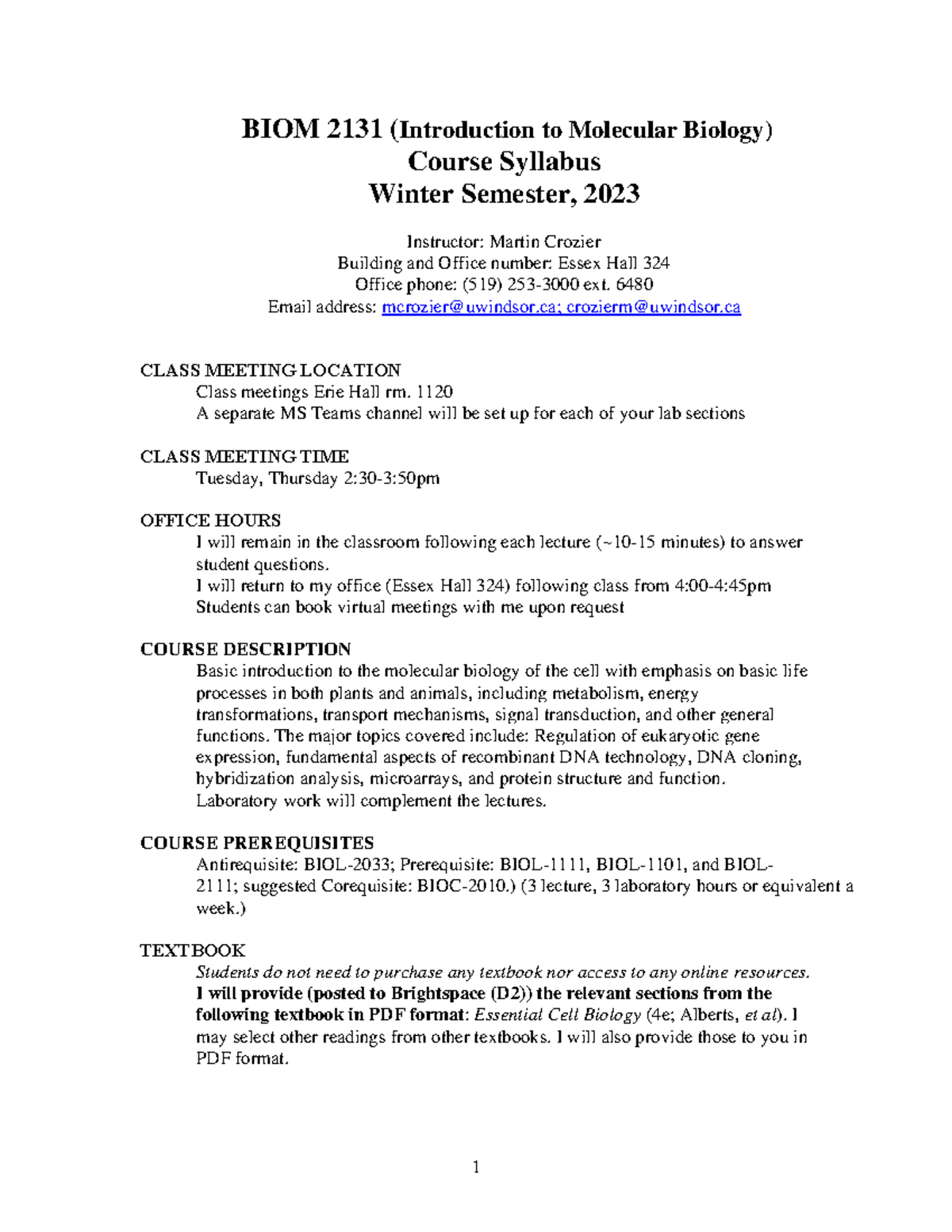 BIOM 2131 Syllabus W'23 BIOM 2131 (Introduction to Molecular Biology