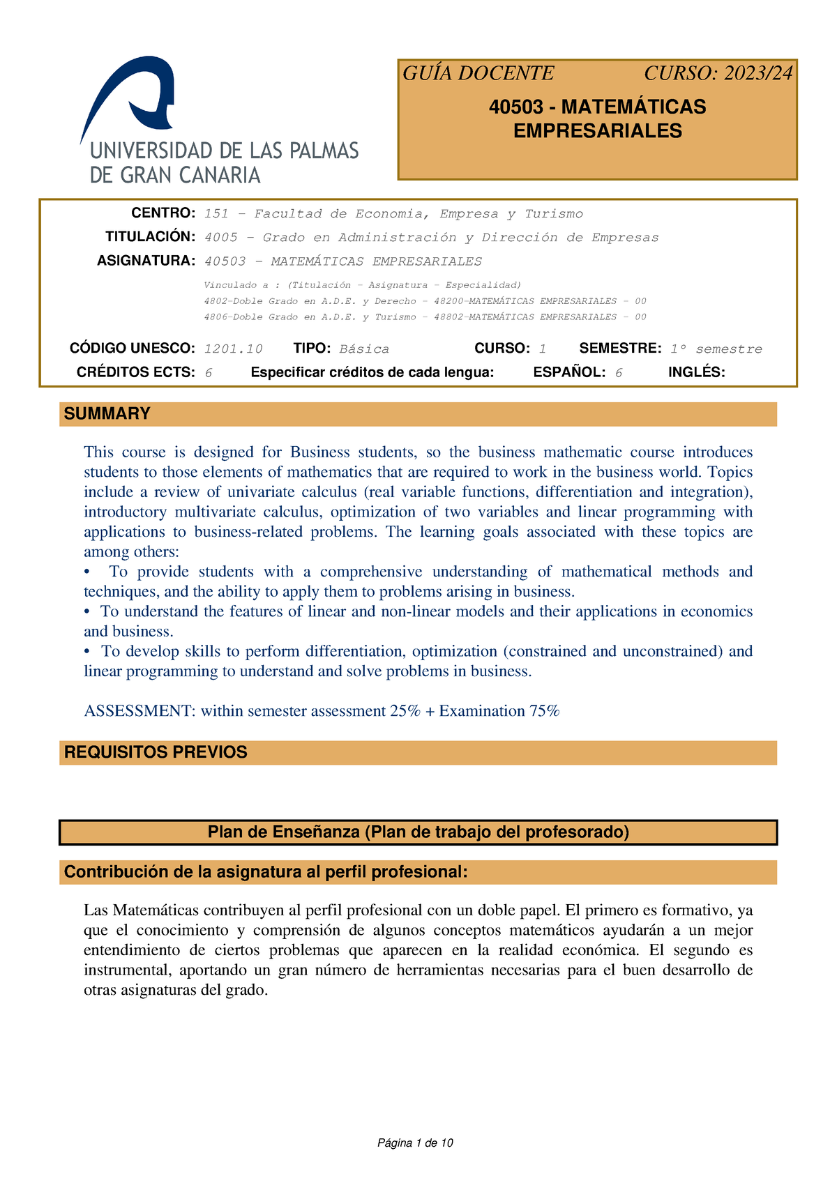 Proyecto Docente - ... - 40503 - MATEMÁTICAS EMPRESARIALES GUÍA DOCENTE ...