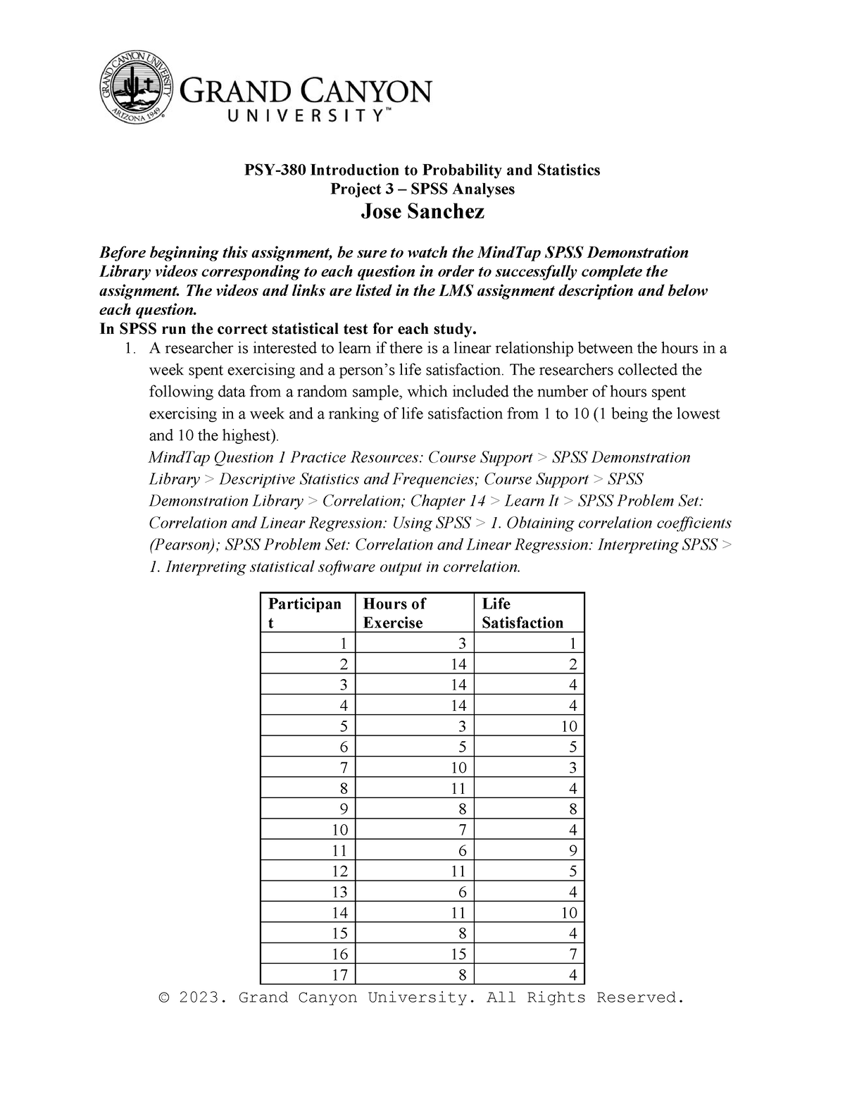 PSY380 RS T8 Benchmark Project 3 Spssanalyses - PSY-380 Introduction to ...