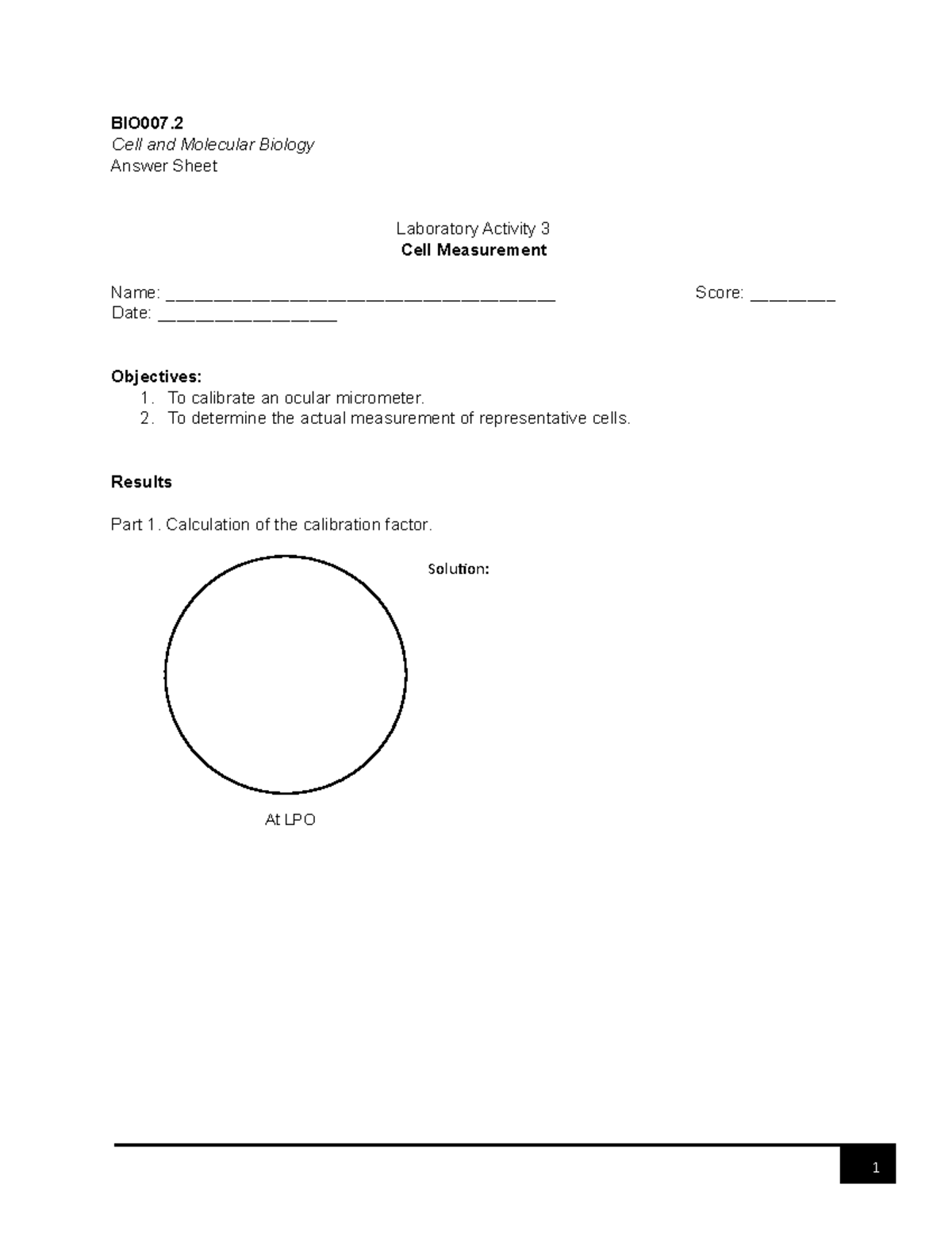 BIO007 - Biology Laboratory - BIO007 Cell and Molecular Biology Answer ...
