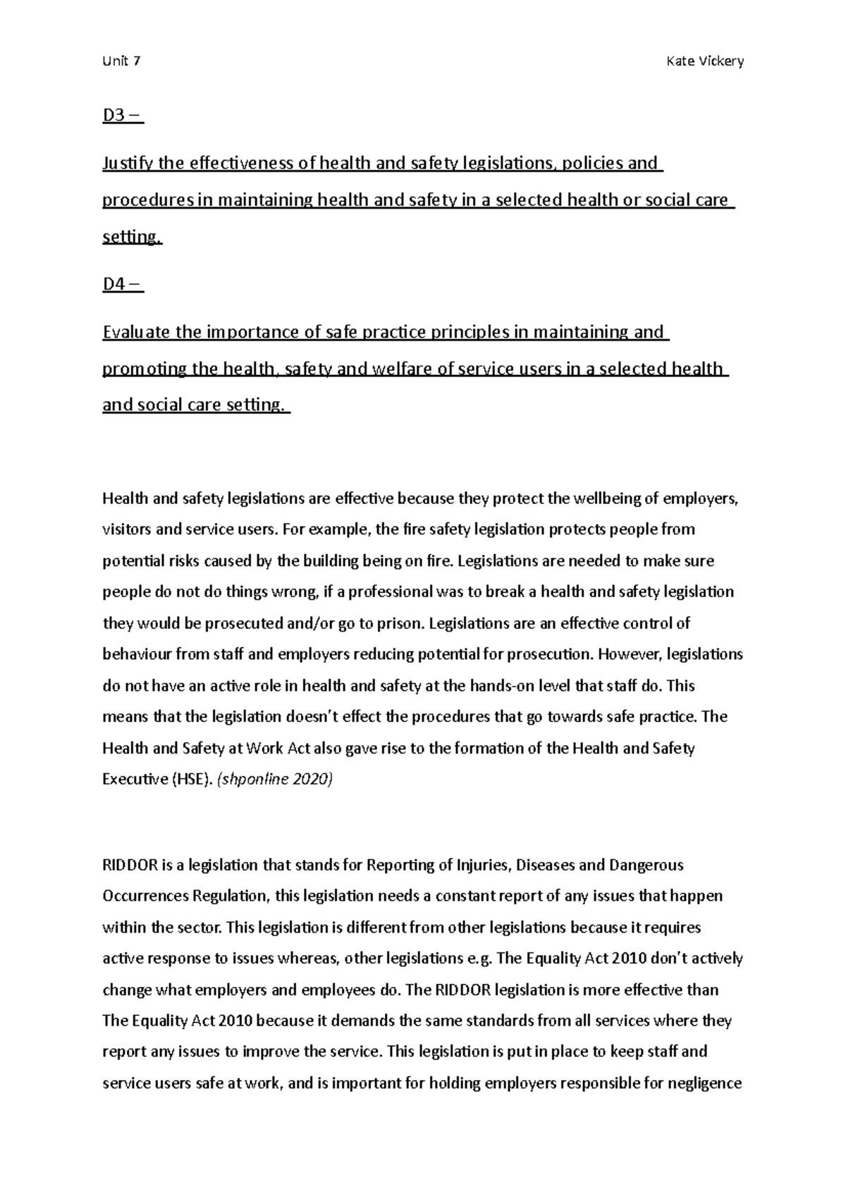 D3 Coursework D3 Jusify The Efeciveness Of Health And Safety Legislaions Policies And Studocu