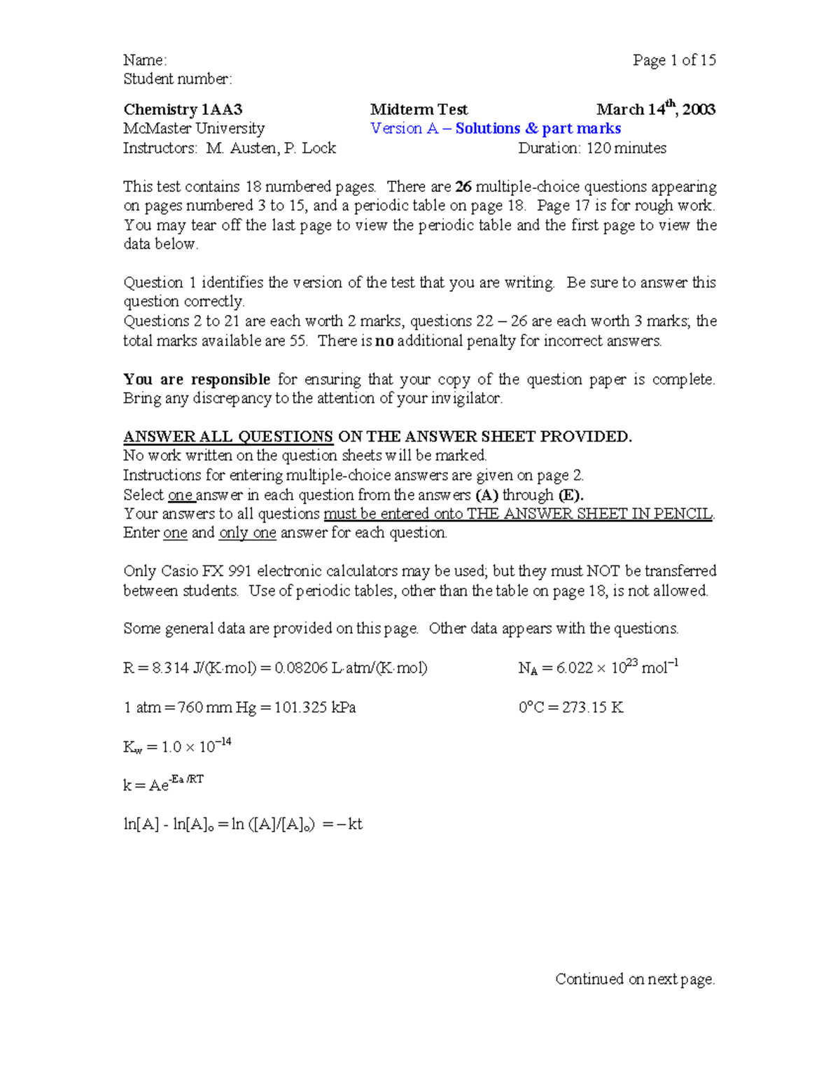 2003 Test 2 - Solutions - Notes - Student number: Chemistry 1AA3 ...