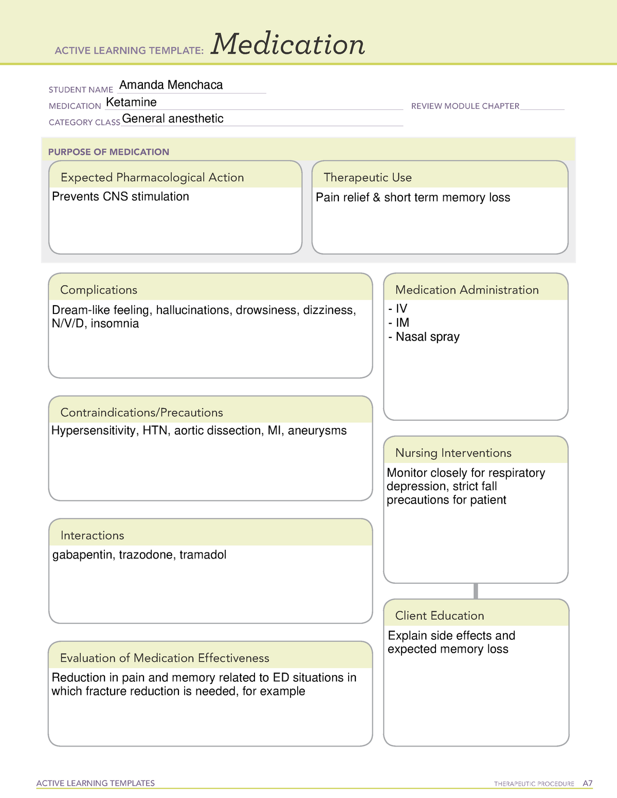 Ketamine MED ACTIVE LEARNING TEMPLATES THERAPEUTIC PROCEDURE A