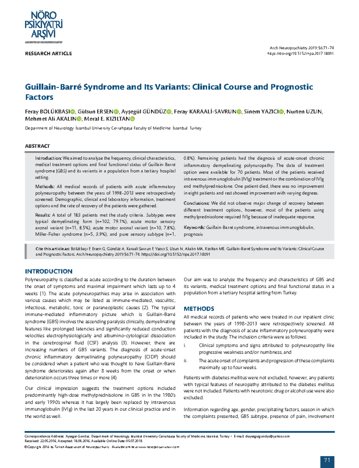 Variantes De Gb - Guillan Barre - Arch Neuropsychiatry 2019;56:71− Doi 