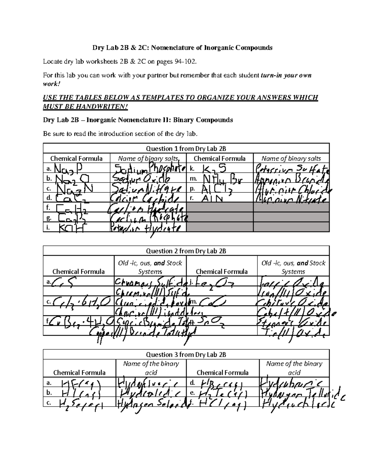 Dry lab 2b 2c assignment-2 - Dry Lab 2B & 2C: Nomenclature of Inorganic ...