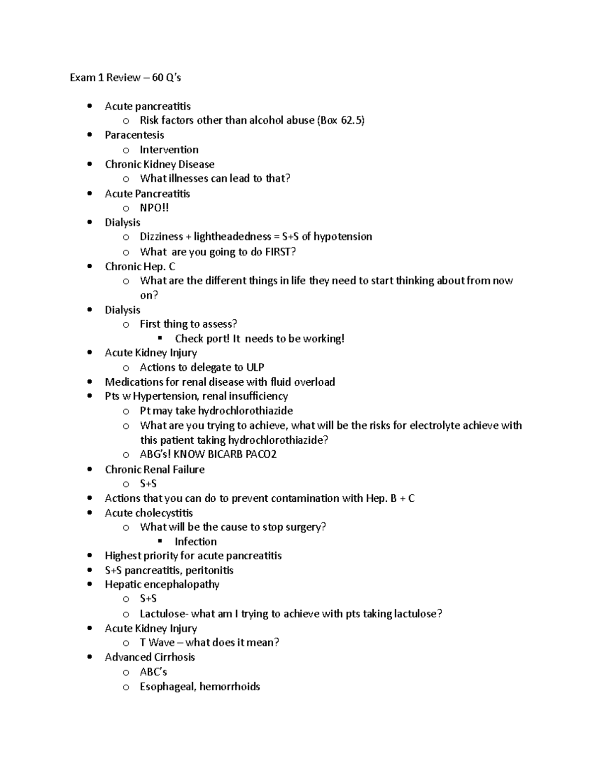 Exam 1 Review ADV MED SURG - Exam 1 Review – 60 Q’s Acute pancreatitis ...