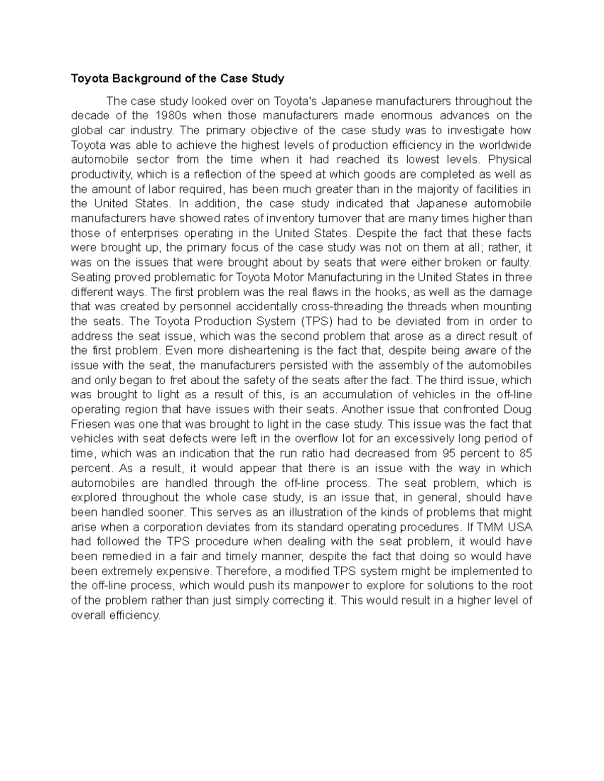 Toyota Background of the Case Study - The primary objective of the case ...