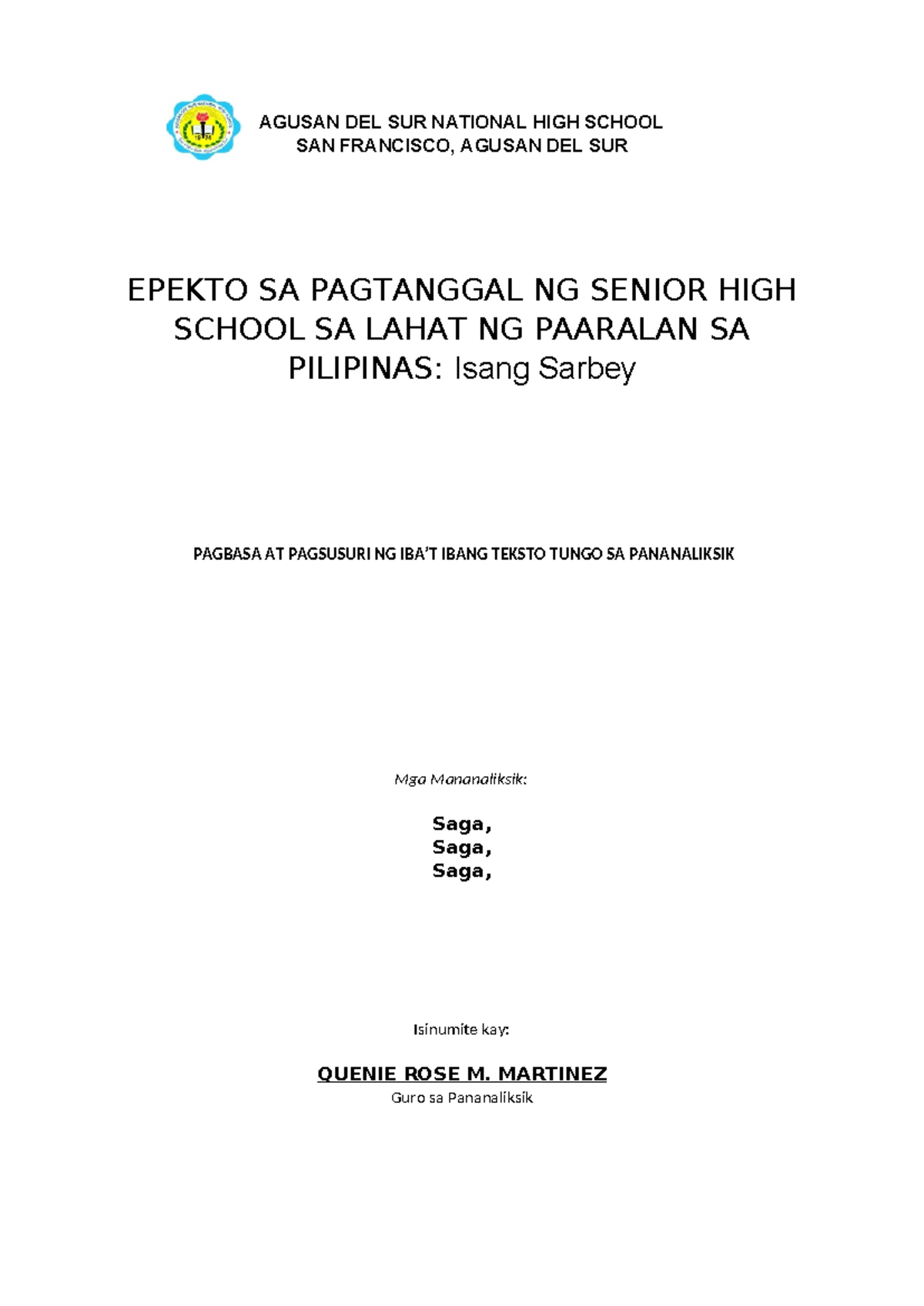 Frontpagesarbey High School AGUSAN DEL SUR NATIONAL HIGH SCHOOL