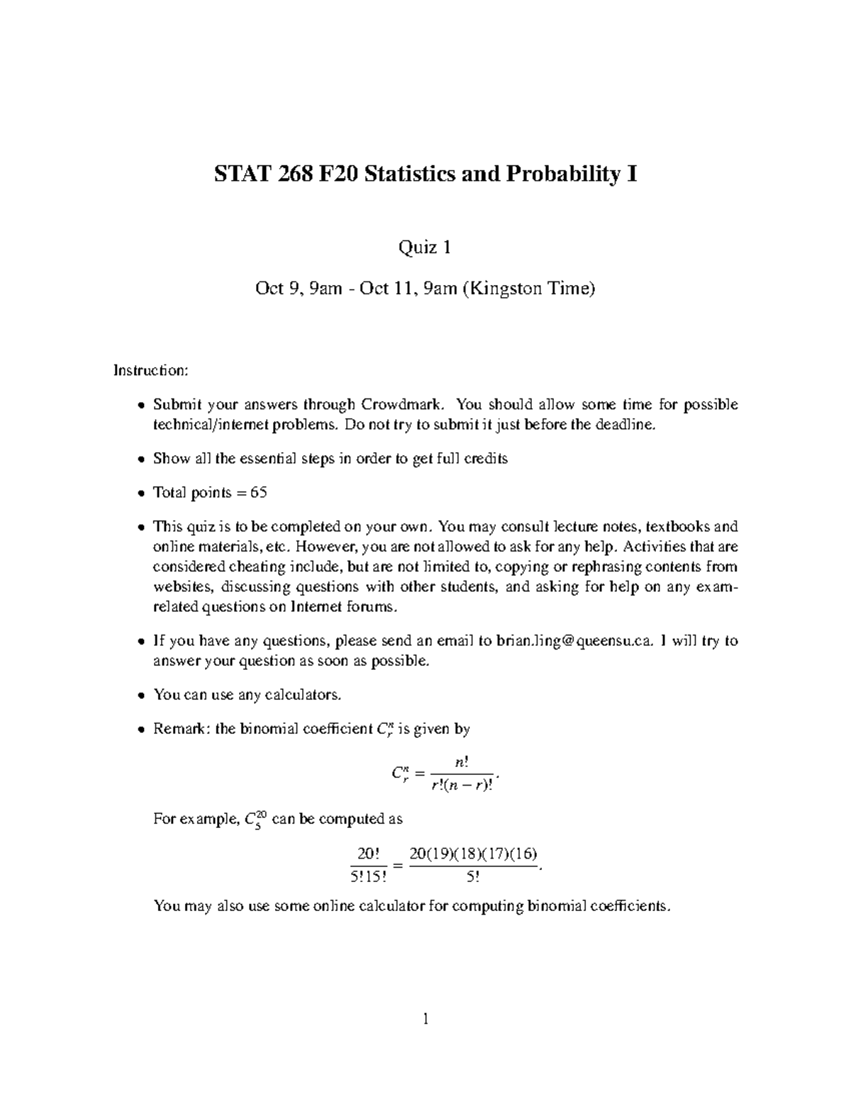 Quiz 2020, questions - STAT 268 F20 Statistics and Probability I Quiz 1 ...
