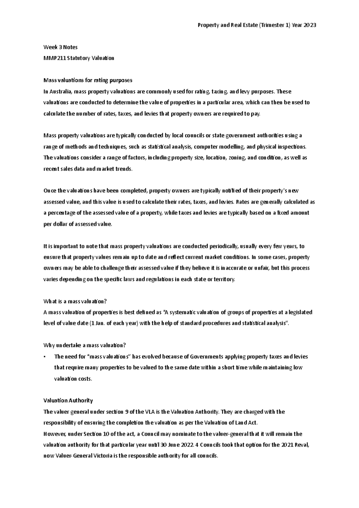 Week 3 Notes MMP211 Statutory Valuation Property and Real Estate