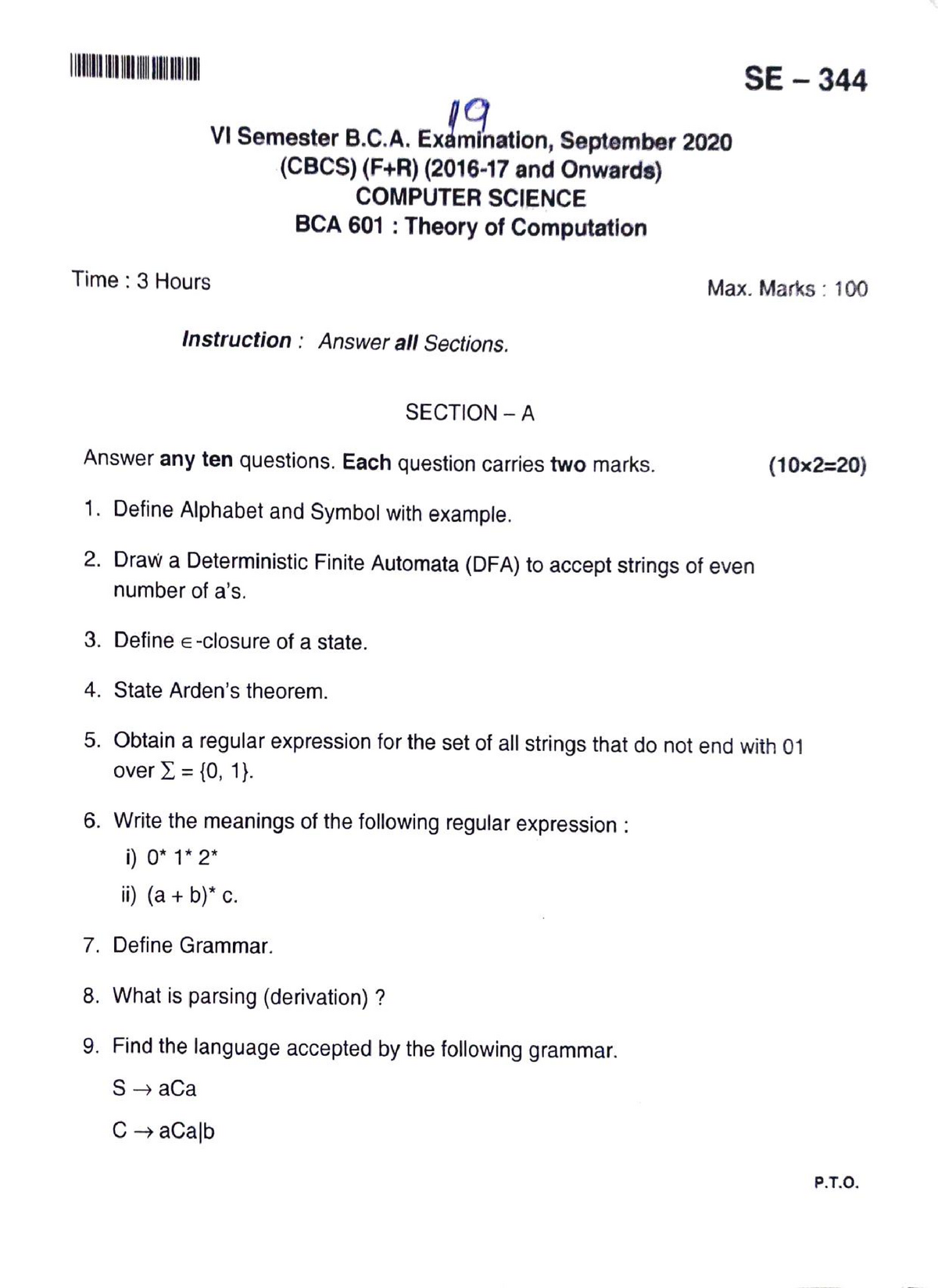 19 Theory Of Computation – Sep 2020 (CBCS – F+R 2016-17 And Onwards ...