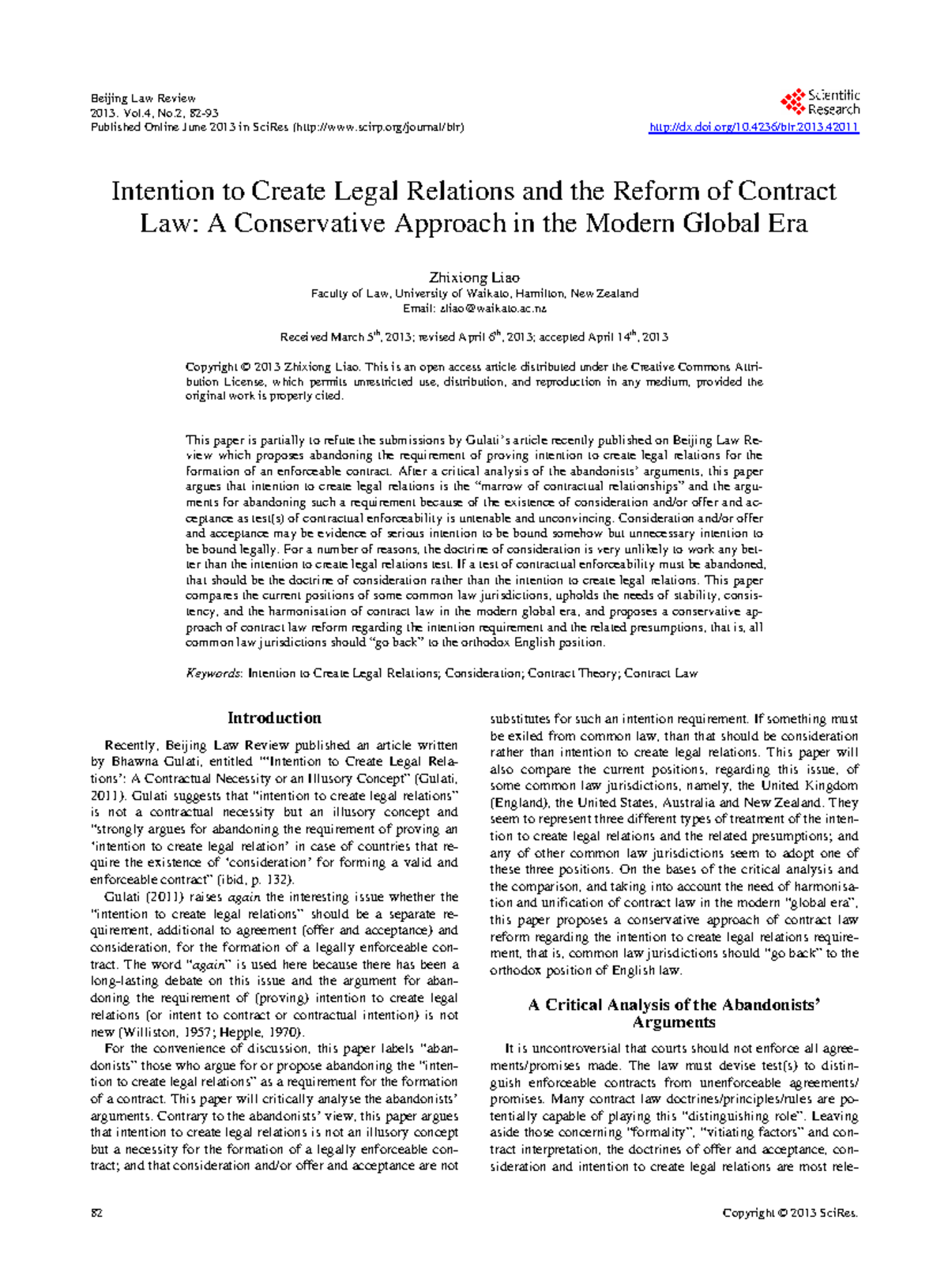 Intention to Create Legal Relations and the Reform of Contract Law: A ...