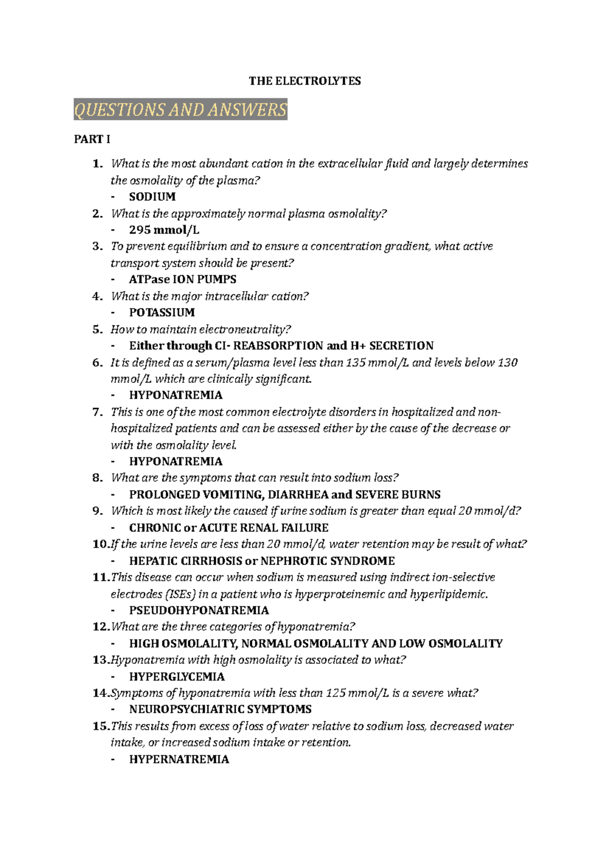 Reviewer for Electrolytes - THE ELECTROLYTES QUESTIONS AND ANSWERS PART ...