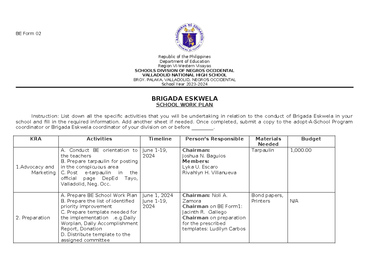 BE Form 2 School WORK PLAN - BE Form 02 Republic of the Philippines ...