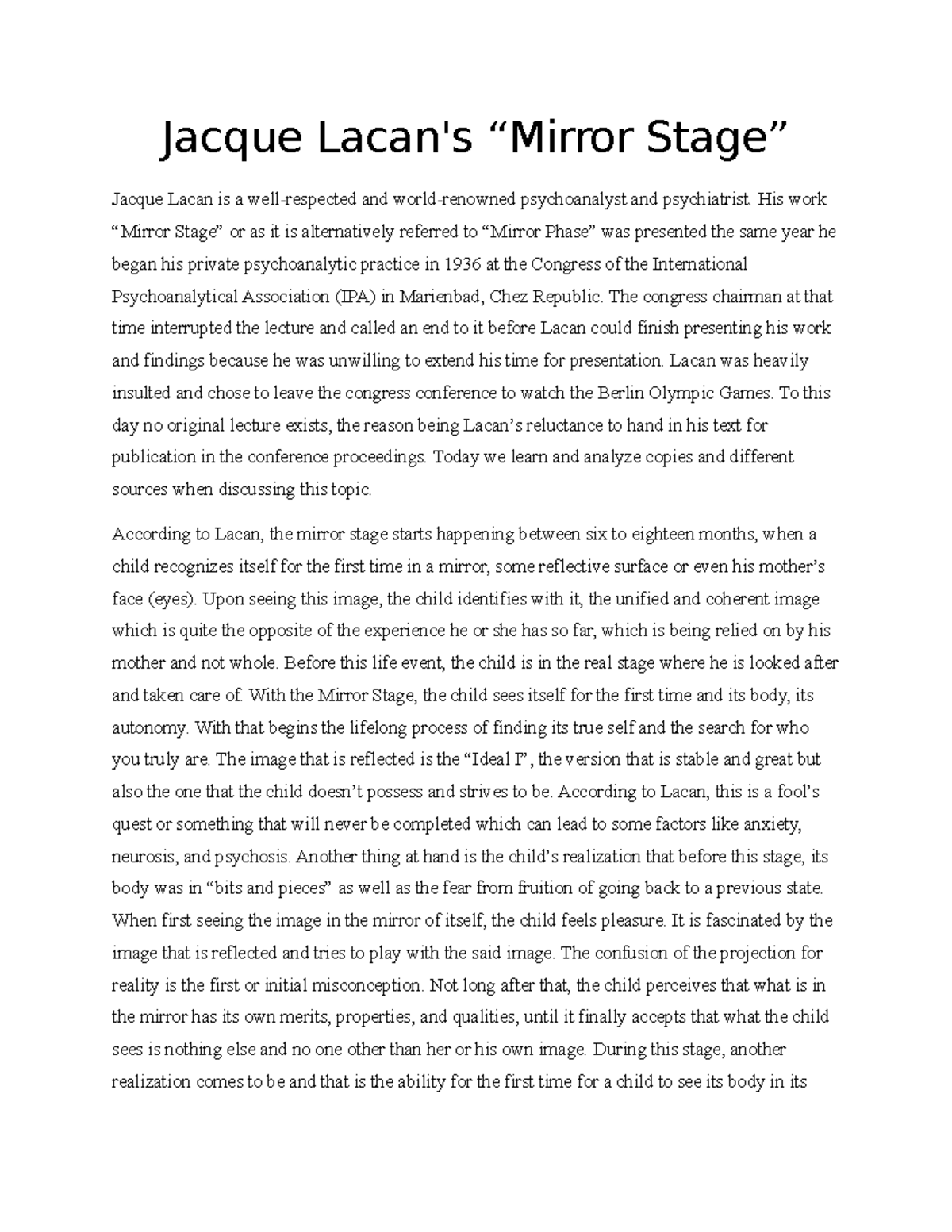 LacanMirror Stage Short Intor Jacque Lacan's “Mirror Stage” Jacque