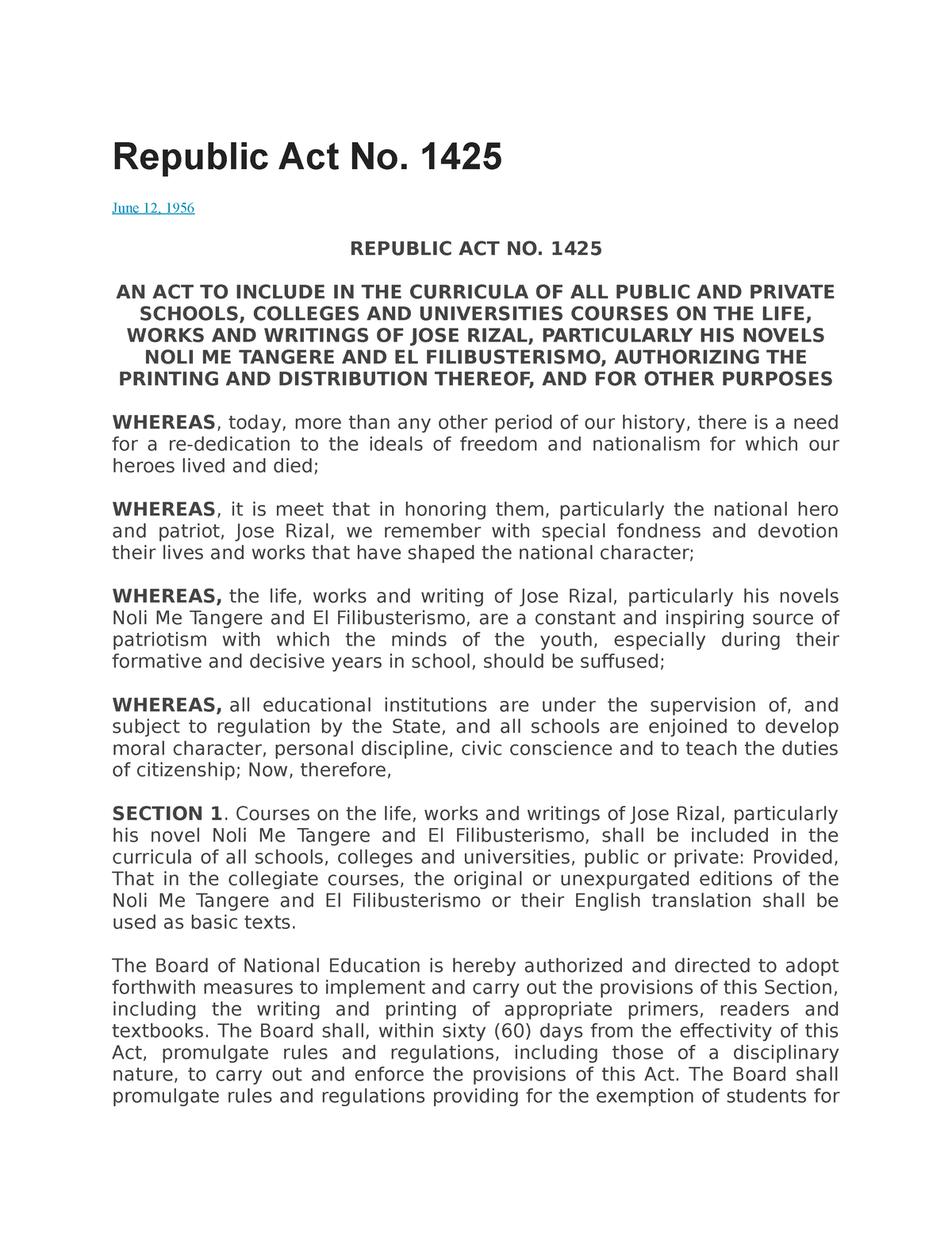 Republic Act No 1425 ( LAW) - Republic Act No. 1425 June 12, 1956 ...