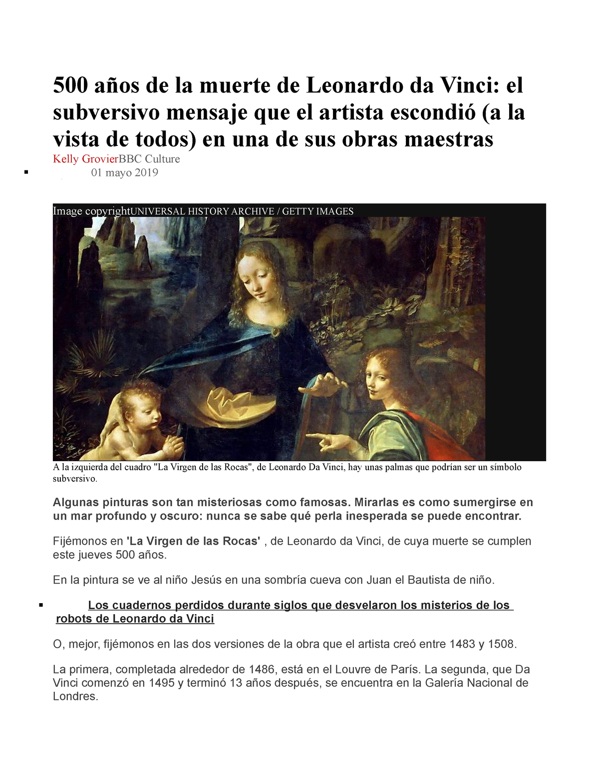 años de la muerte de Leonardo da Vinci Algunas pinturas son tan misteriosas como famosas