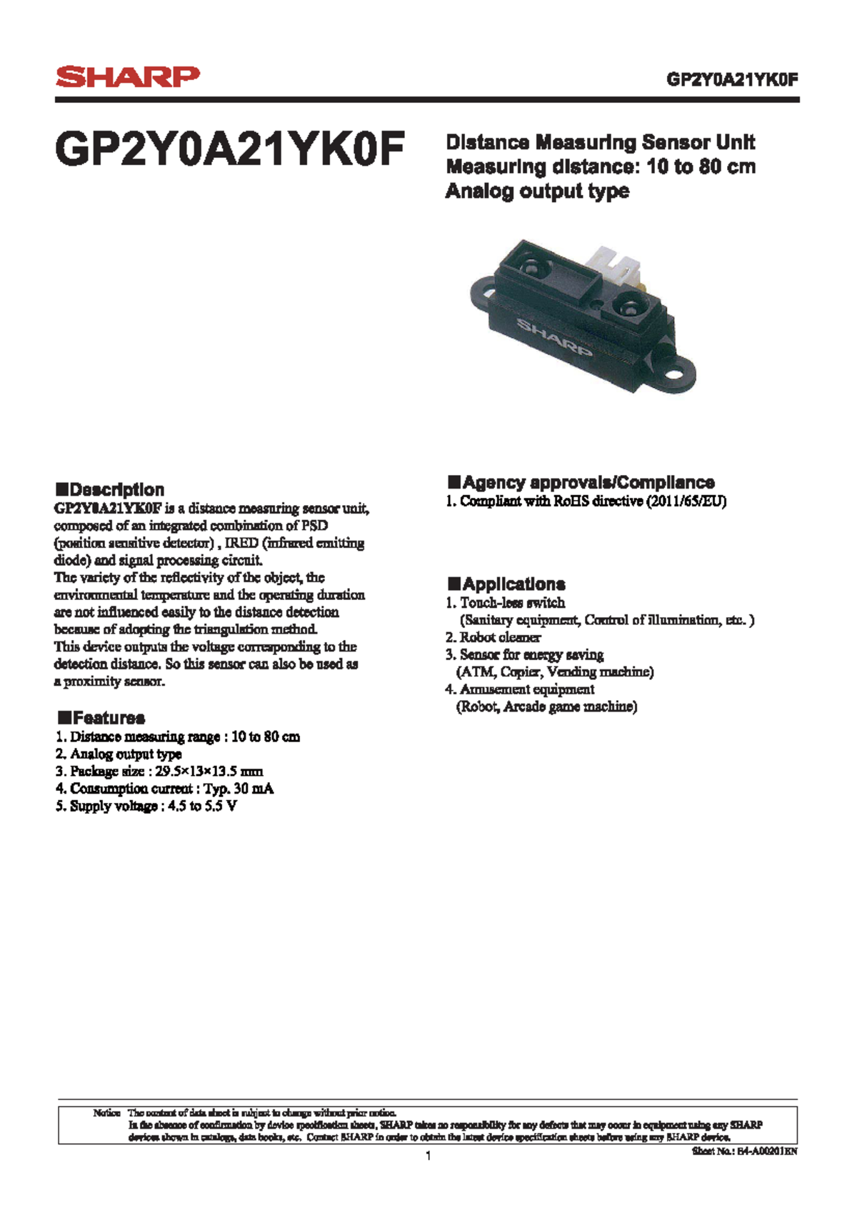 Sharp GP2Y0A21YK0F - Sensore distanziometro 10-80 cm con cavo connessione per Arduino