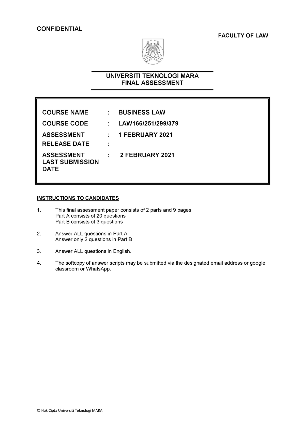 LAW299 Final Assessment - FACULTY OF LAW UNIVERSITI TEKNOLOGI MARA ...