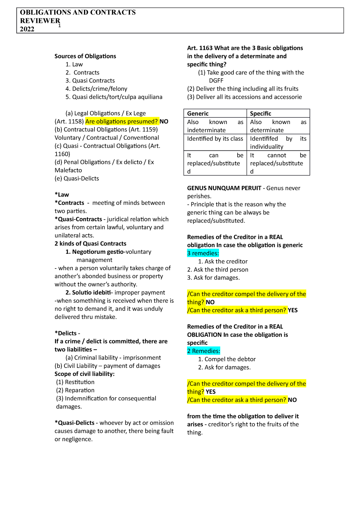 RFBT(Reviewer) - RFBT(Reviewer) - Sources Of Obligations 1. Law 2 ...