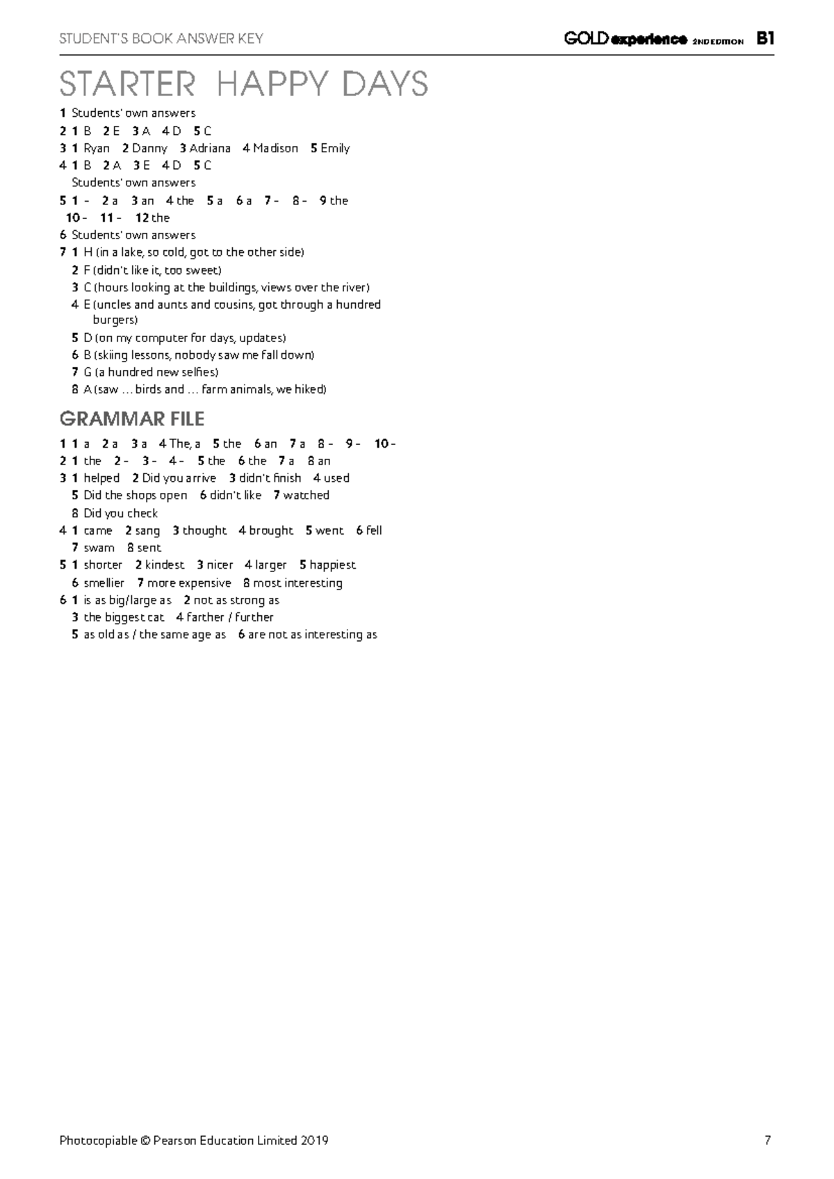 617076901 Gold Exp B1 SB Answer Key - STARTER HAPPY DAYS 1 Students ...