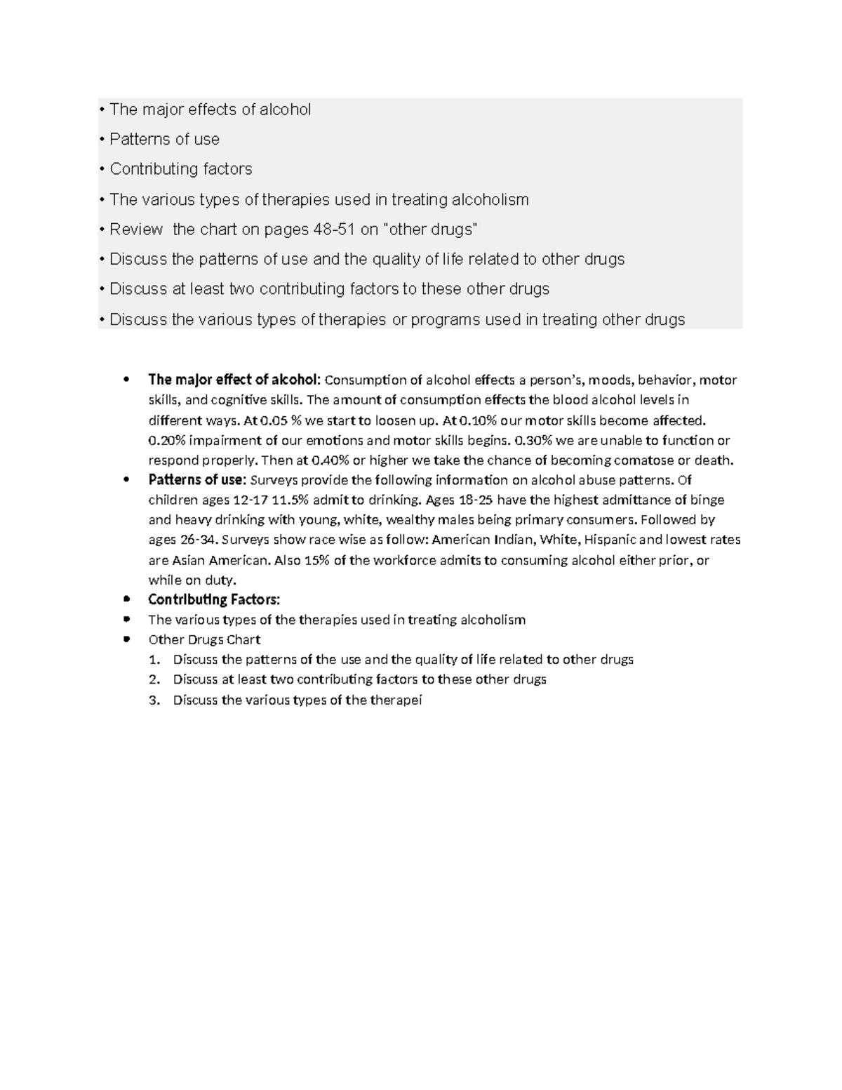 Discussion 2 - PHYS 2425 - • The major effects of alcohol • Patterns of ...
