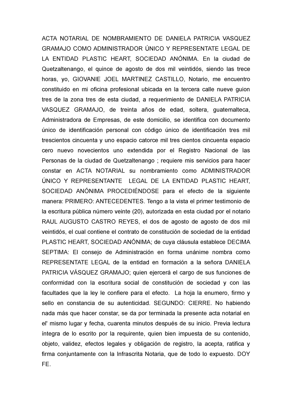 Acta De Nombramiento Y Testimoni Ode Constitución De Escritura Acta