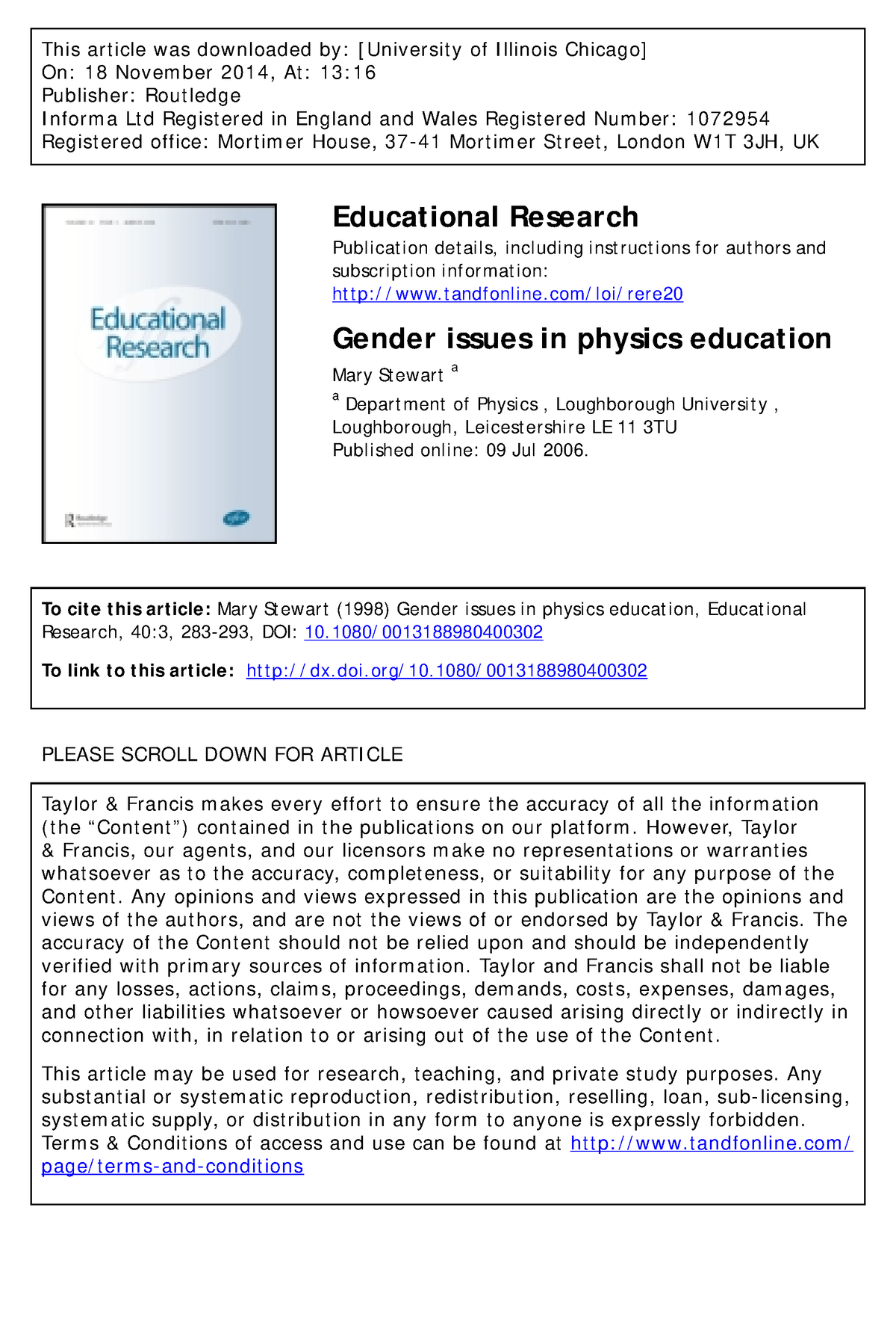 Gender Issues In Physics Education This Art Icle Was Downloaded By