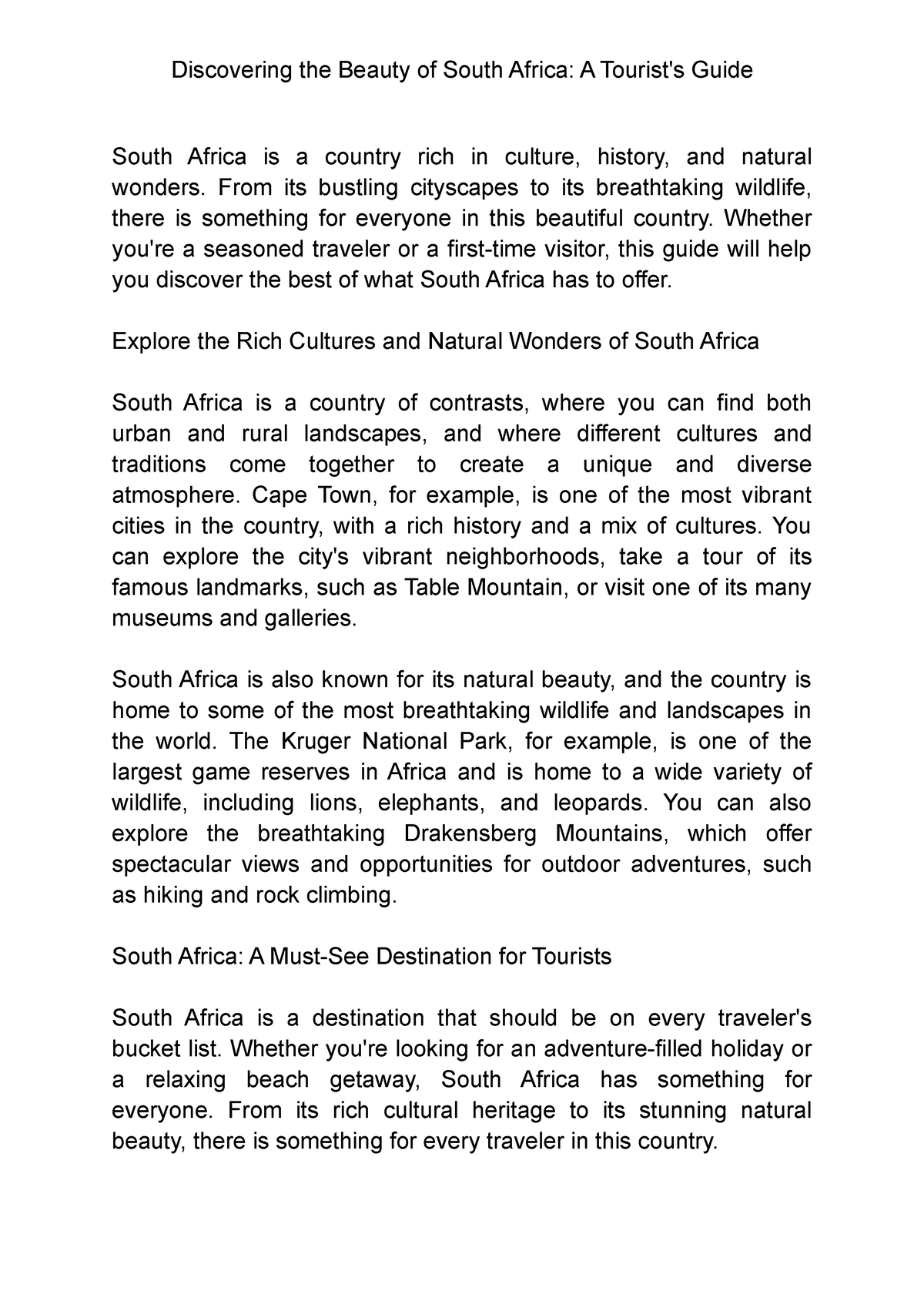 write an essay about my favourite south africa tourist attractions