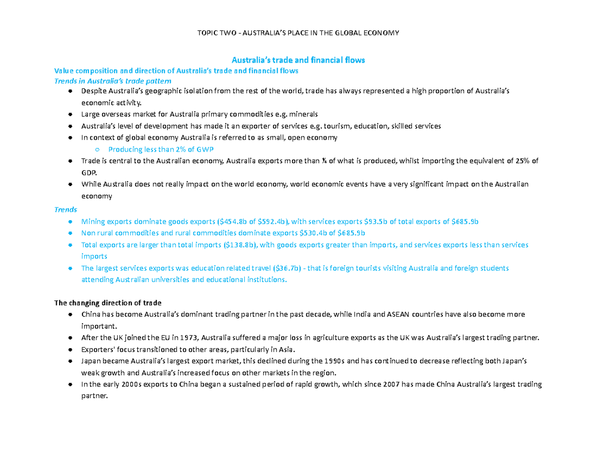 HSC ECO Topic TWO Notes - Australia’s trade and financial flows Value ...