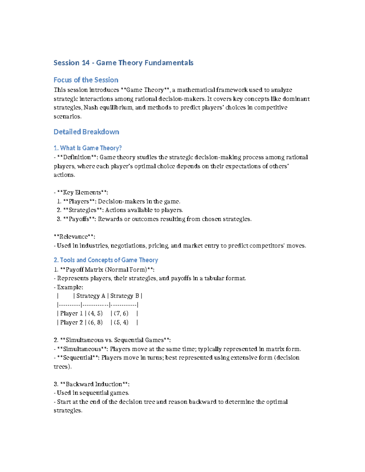 Session 14 Game Theory Study Guide - Session 14 - Game Theory ...