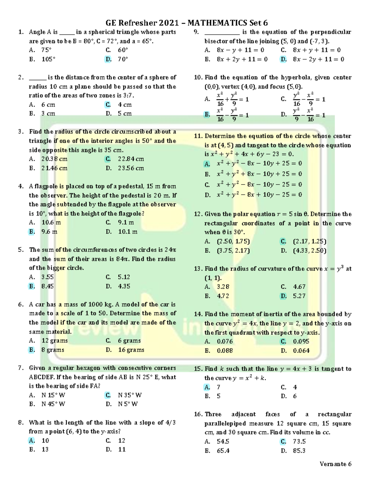Math 10 practical test for analytic geometry and trigonometry plane