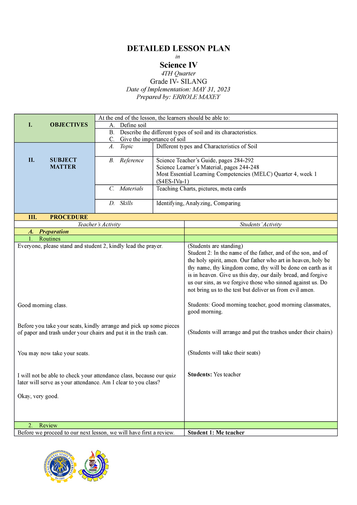 Detailed Lesson PLAN( Science 4) - DETAILED LESSON PLAN in Science IV ...