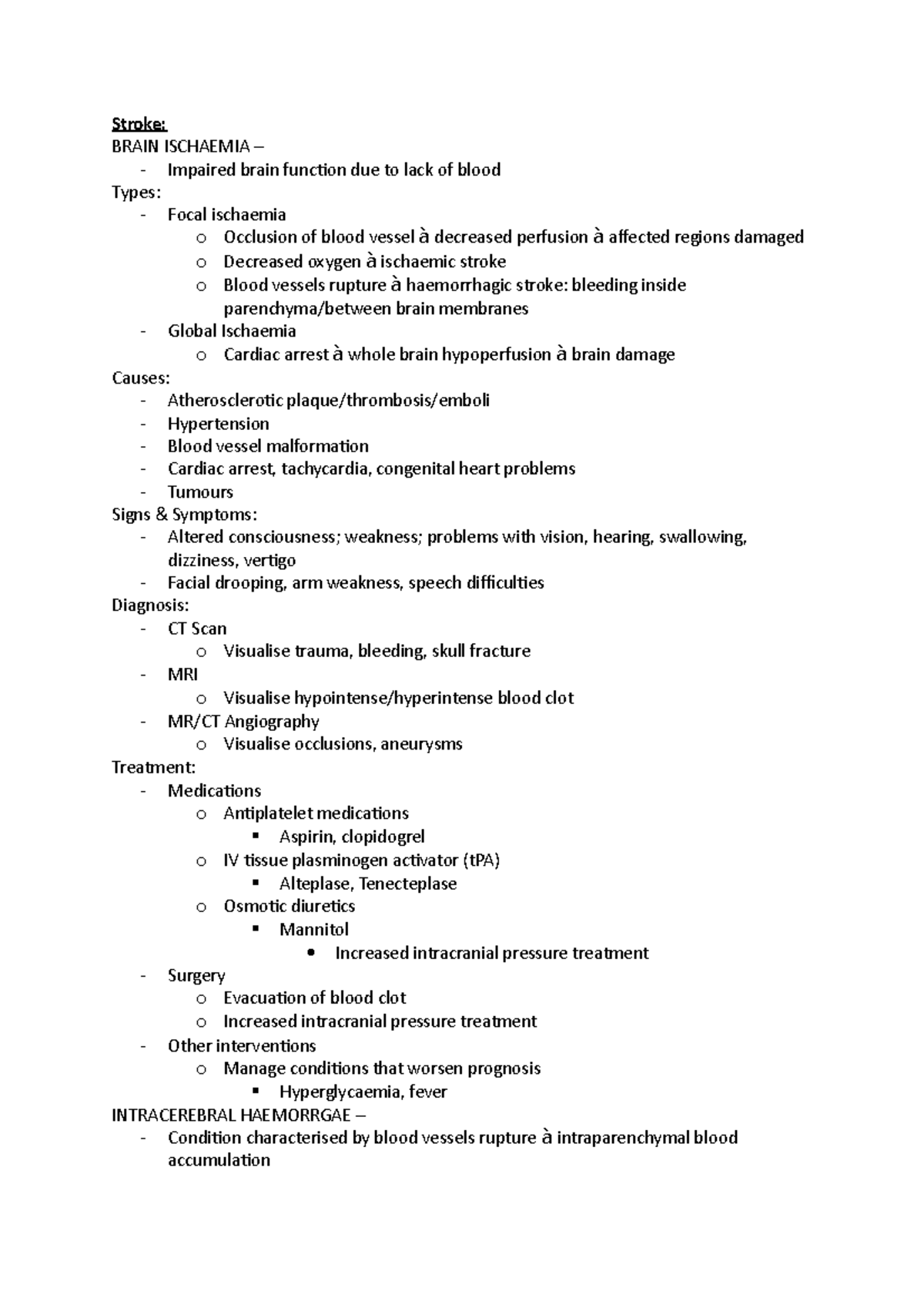 Summaries on Stroke and Anaemia - Stroke: BRAIN ISCHAEMIA – - Impaired ...