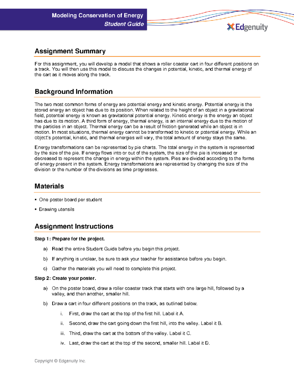 Project modeling conservation of energy student guide Copyright