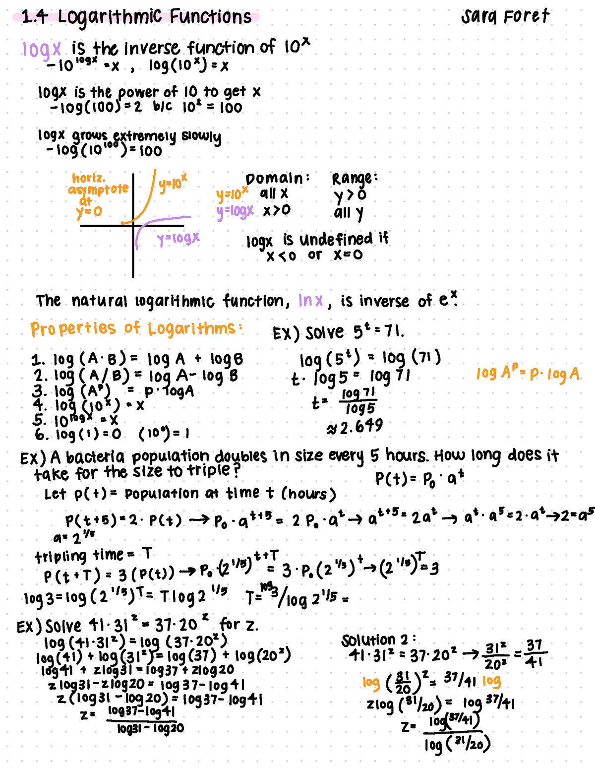 Calculus Notes 1.4 Logarithmic Functions - 1. Logarithmic Functions ...