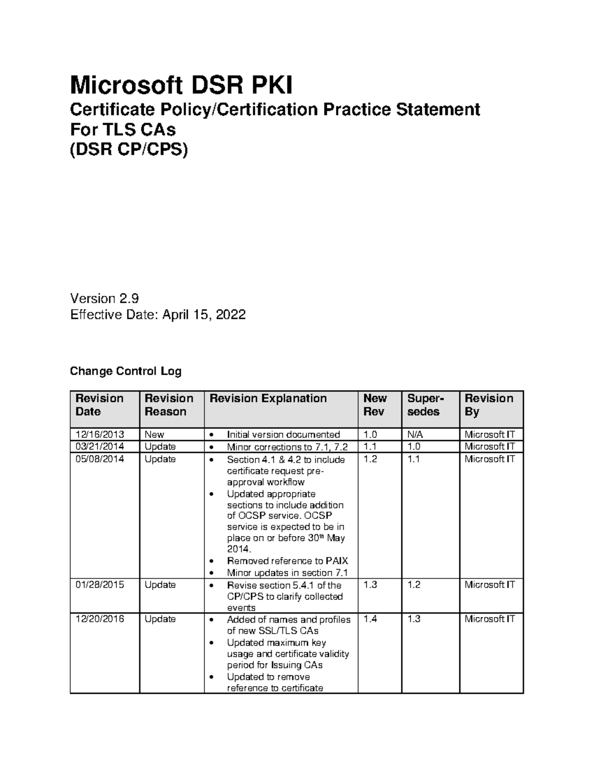 Microsoft DSR PKI CP-CPS for TLS Ver 2.9 April 2022 - Microsoft DSR PKI ...