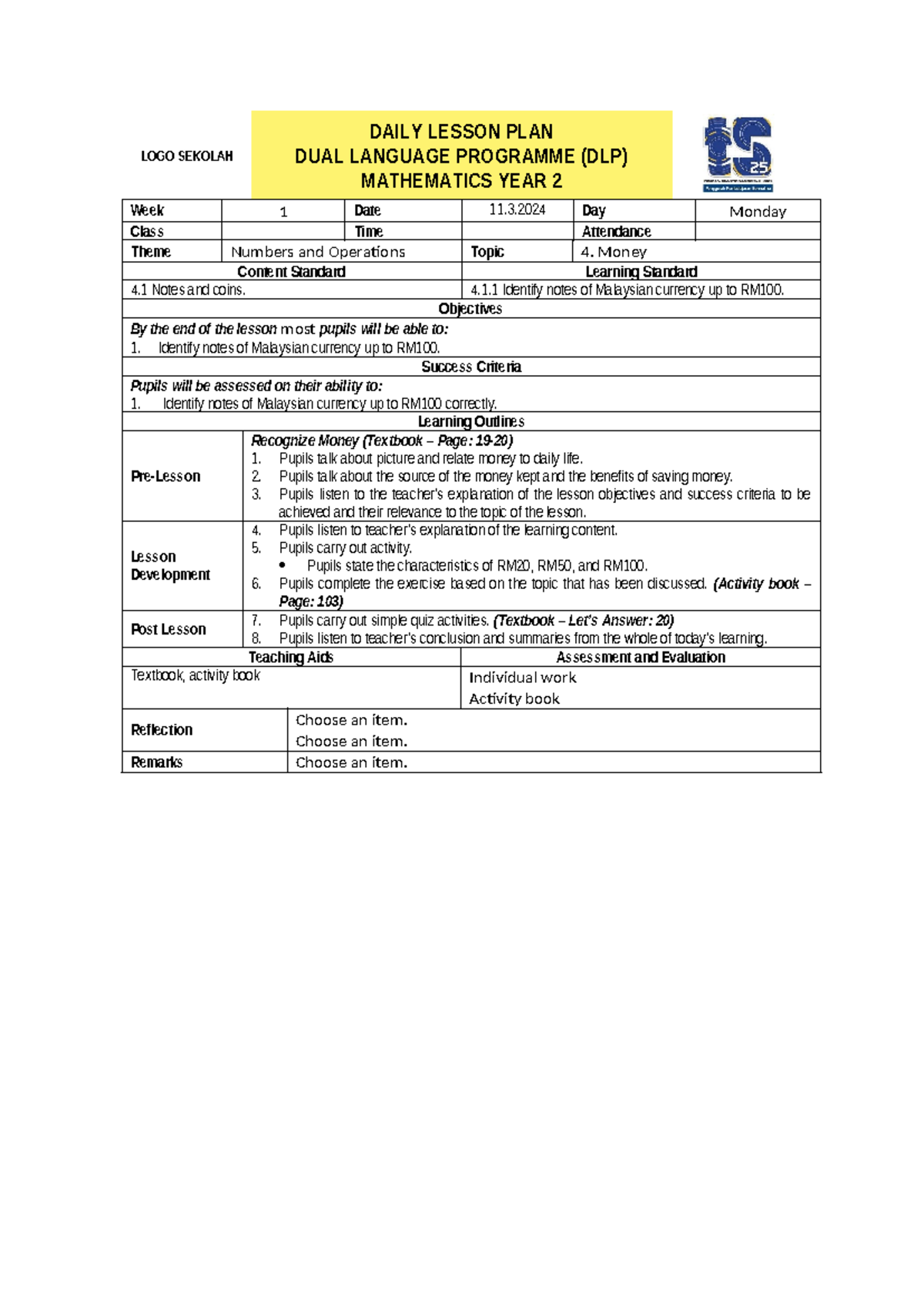 4. Money - LOGO SEKOLAH DAILY LESSON PLAN DUAL LANGUAGE PROGRAMME (DLP ...