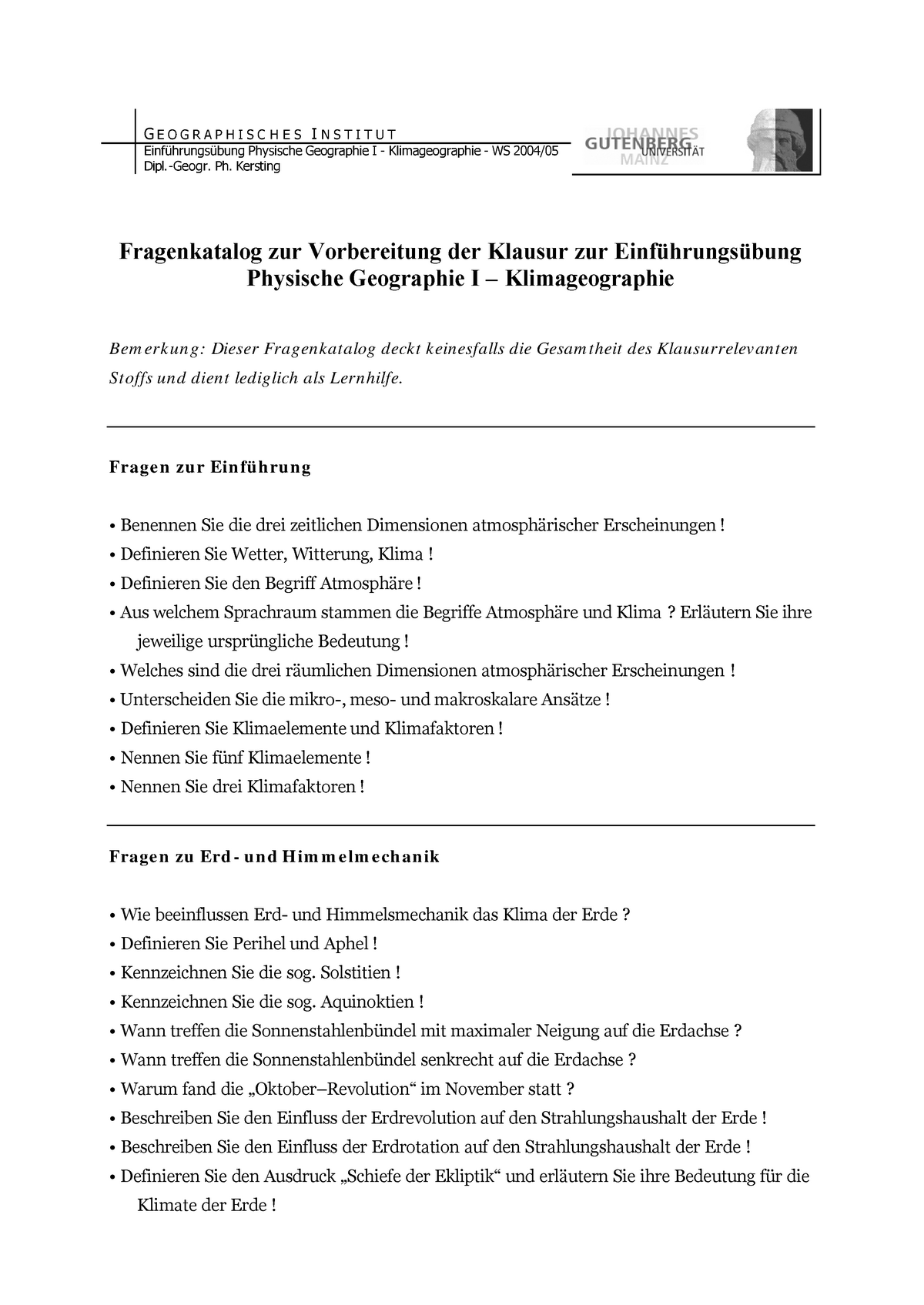 Prüfung 9 Februar 2015, Fragenkatalog Zur Vorbereitung Der Klausur - G ...