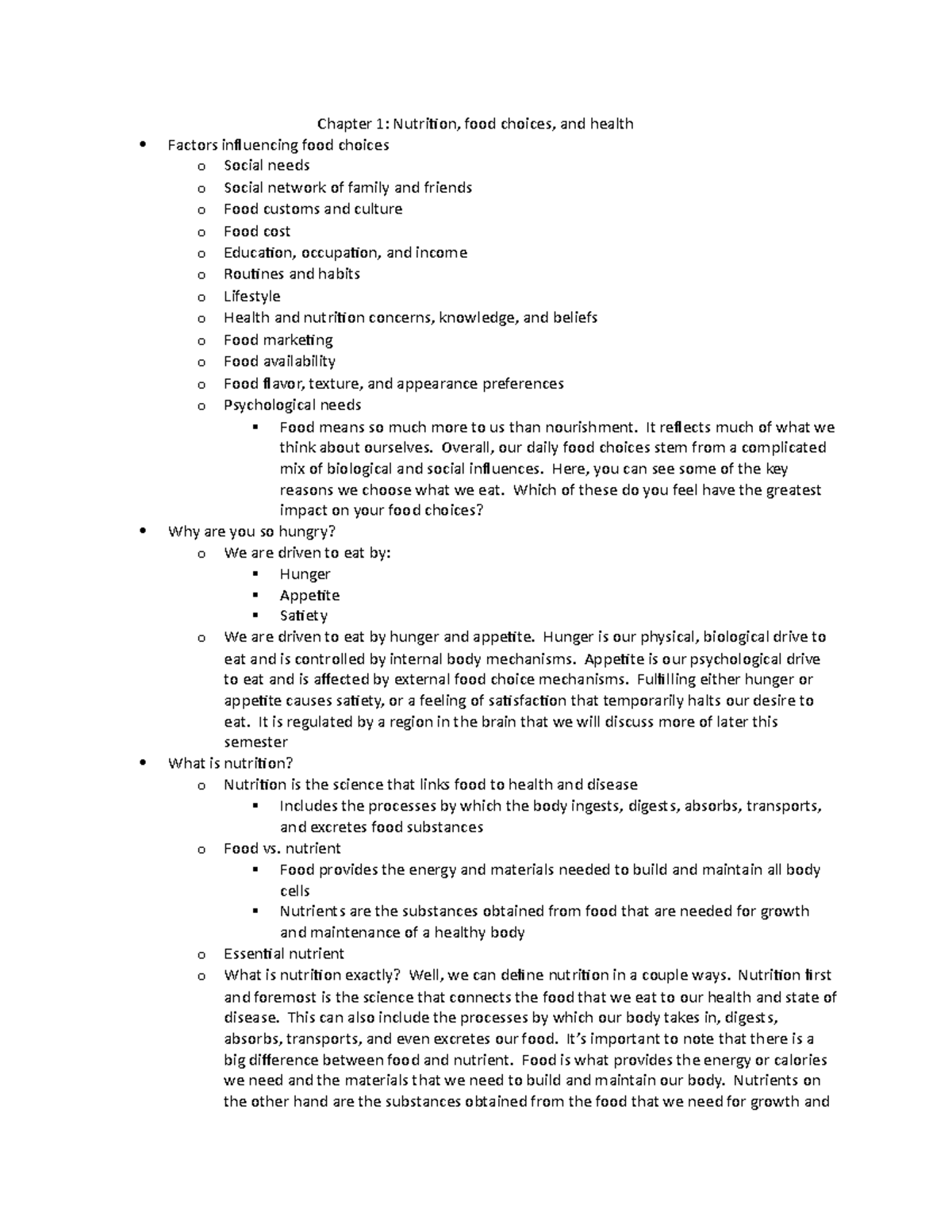 Chapter 1 Notes - Scherzinger - Chapter 1: Nutrition, food choices, and ...