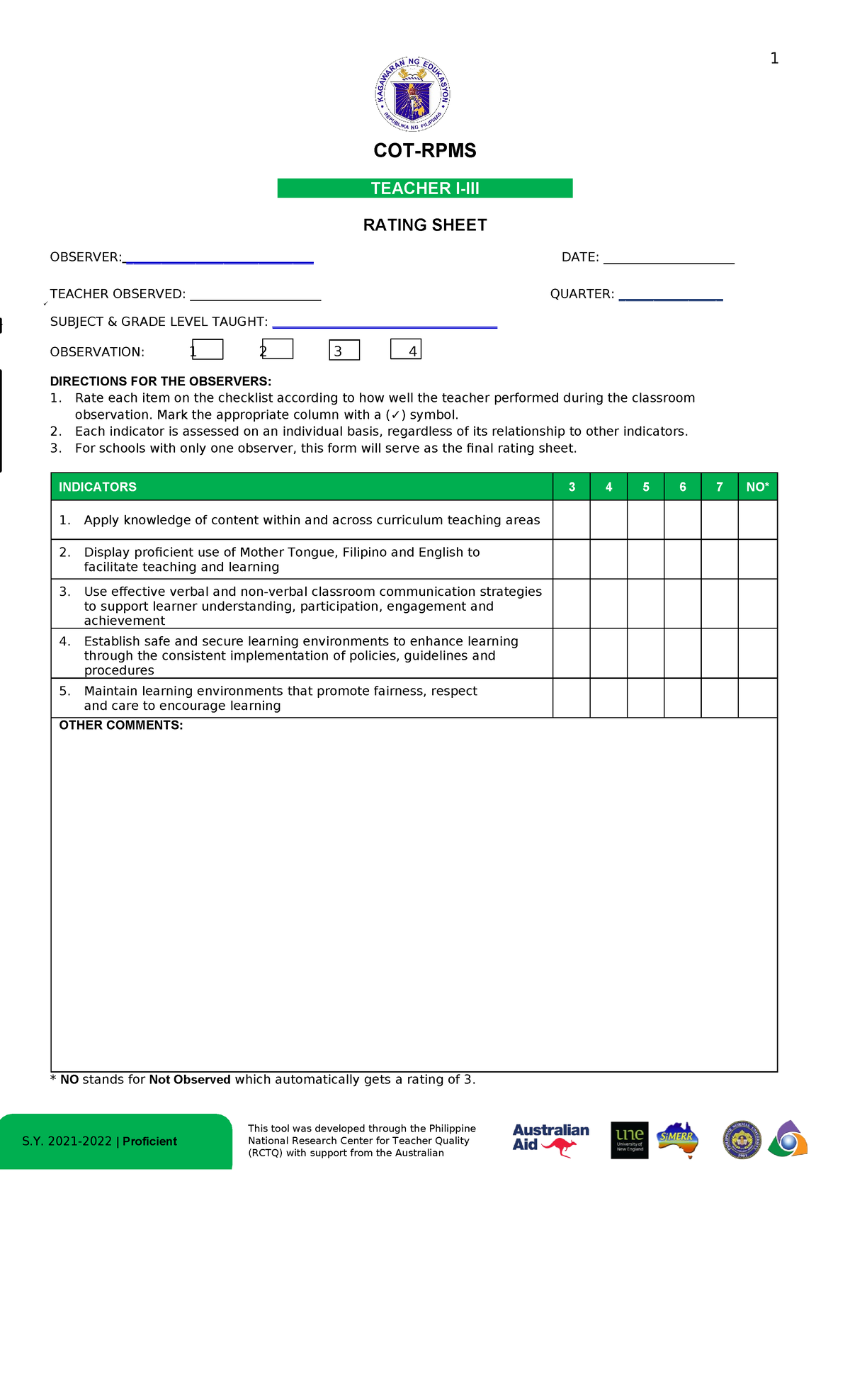 COT Blank - for practice teaching - 1 This tool was developed through ...