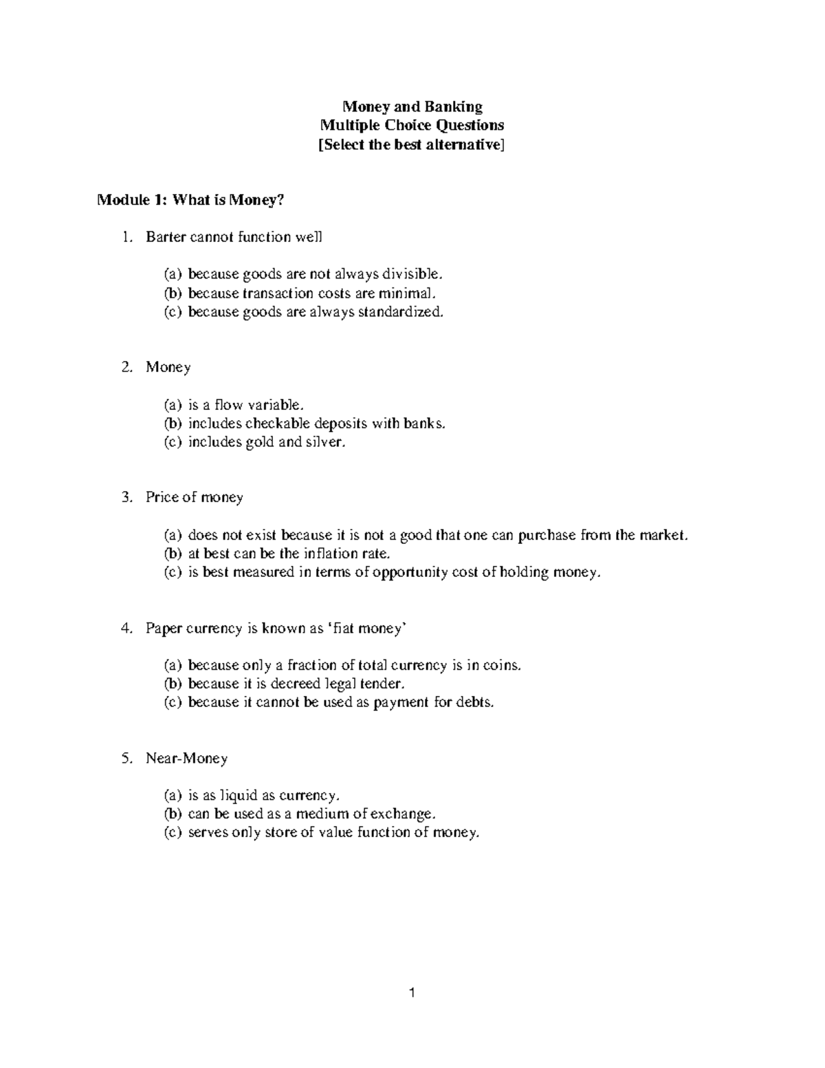 Multiple Choice Questions Money and Banking Multiple Choice Questions