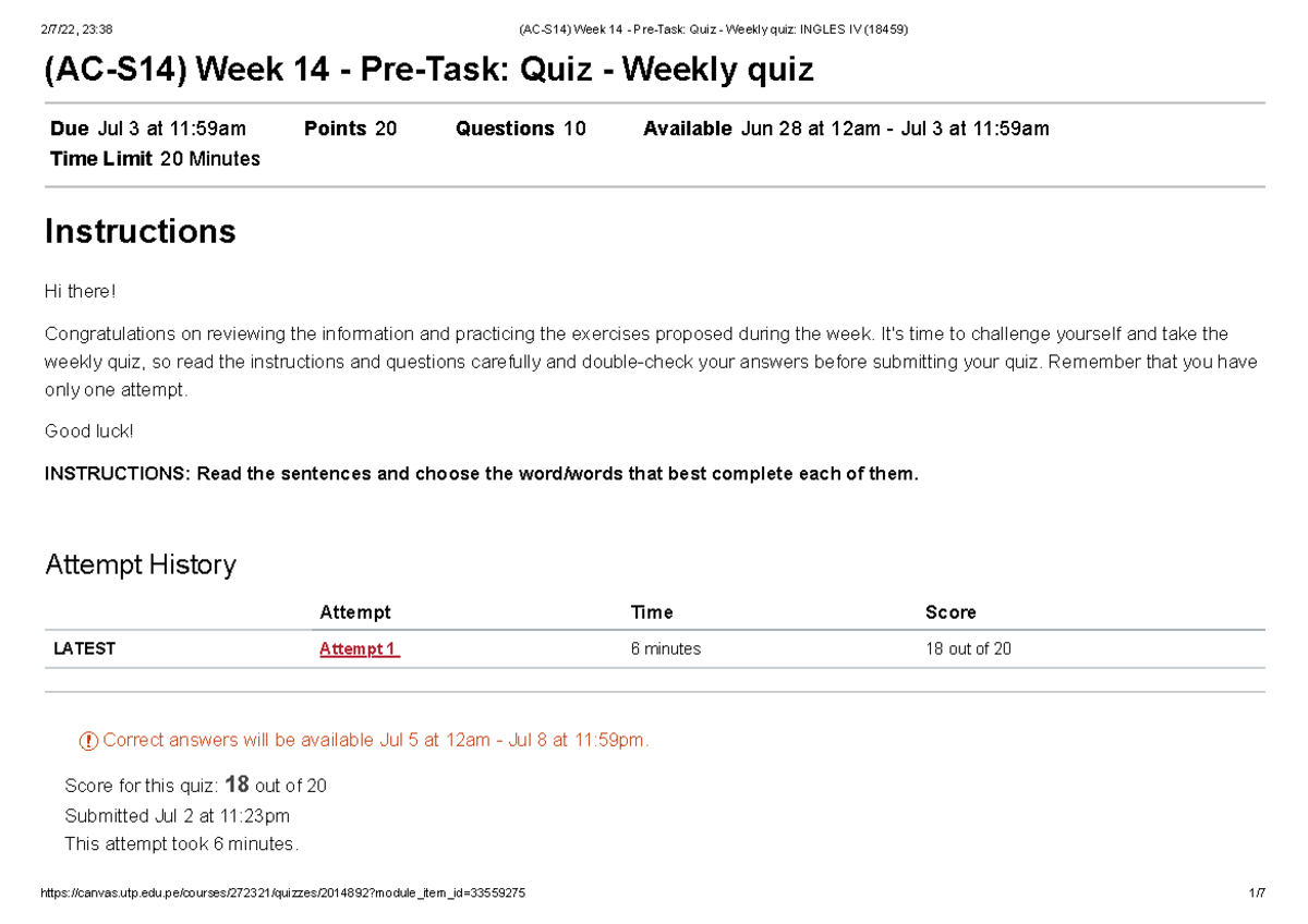  AC S14 Week 14 Pre Task Quiz Weekly Quiz Score For This Quiz 