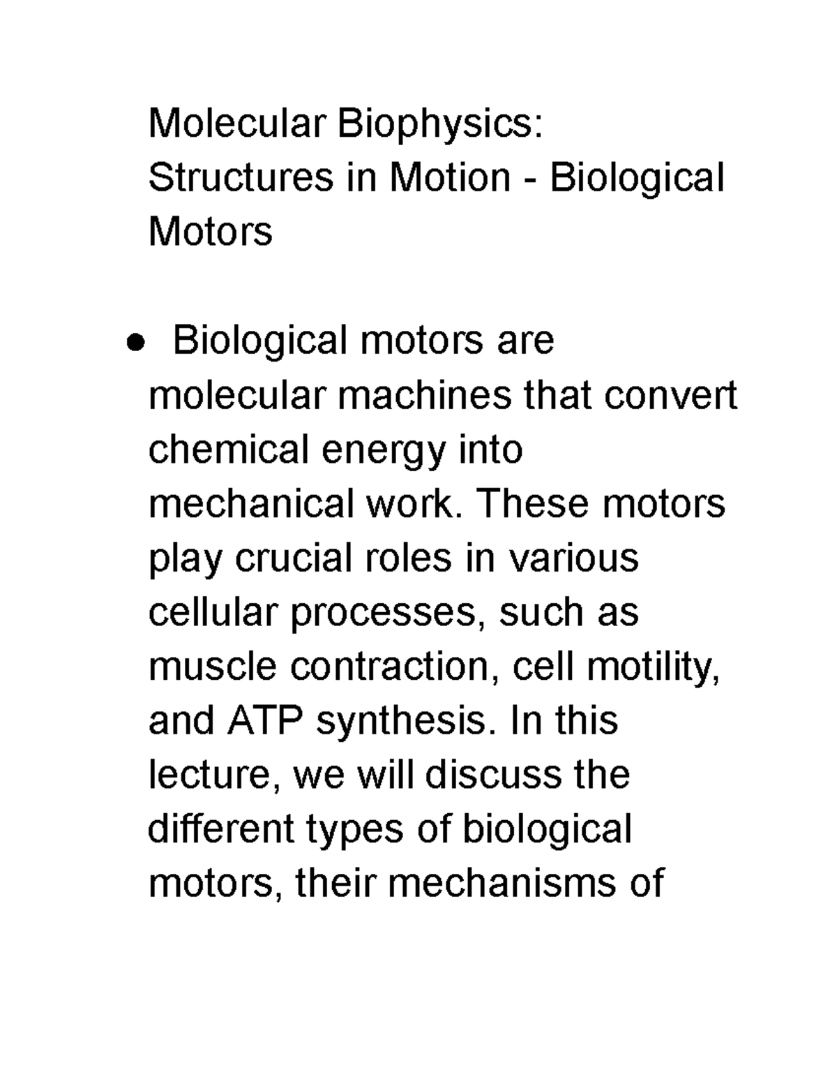 Molecular Biophysics Structures in Motion Biological Motors Google Docs Molecular